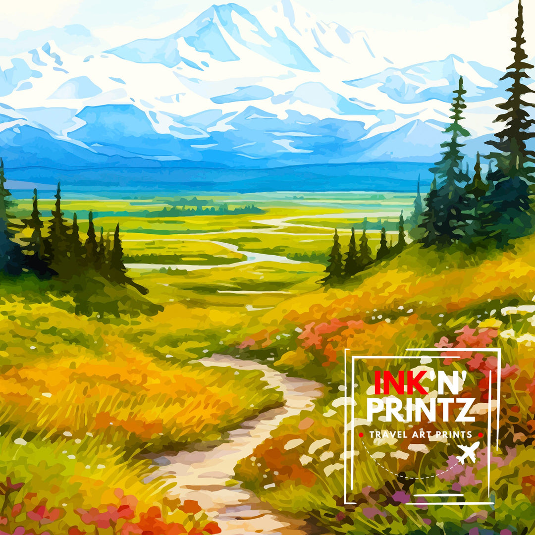 Denali National Park Alaska Travel Print Denali Wall Decor Denali Poster Alaska Travel Prints Denali Art Print Denali Illustration