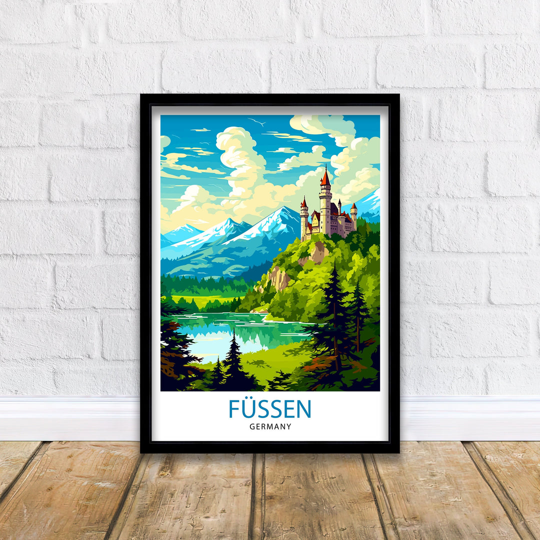 Fussen Germany Travel Print Bavarian Alps Poster Neuschwanstein Castle Art Fussen Landscape Decor German Town Illustration Gift Idea