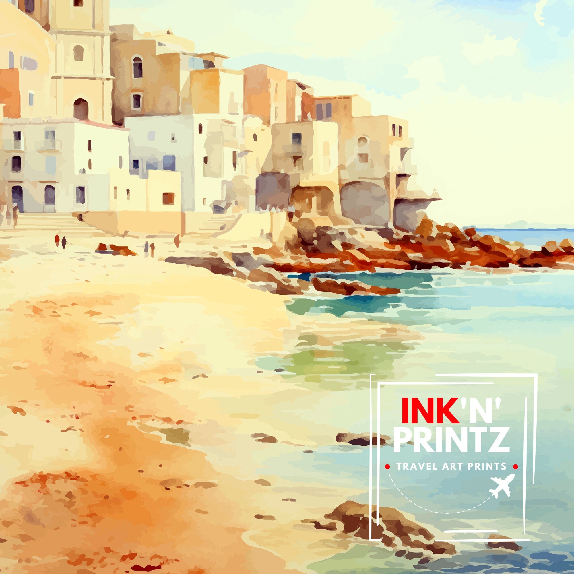 Trapani Italy Art Print Coastal Sicilian City Poster Trapani Beach Wall Art Italian Seaside Decor Travel to Trapani Illustration
