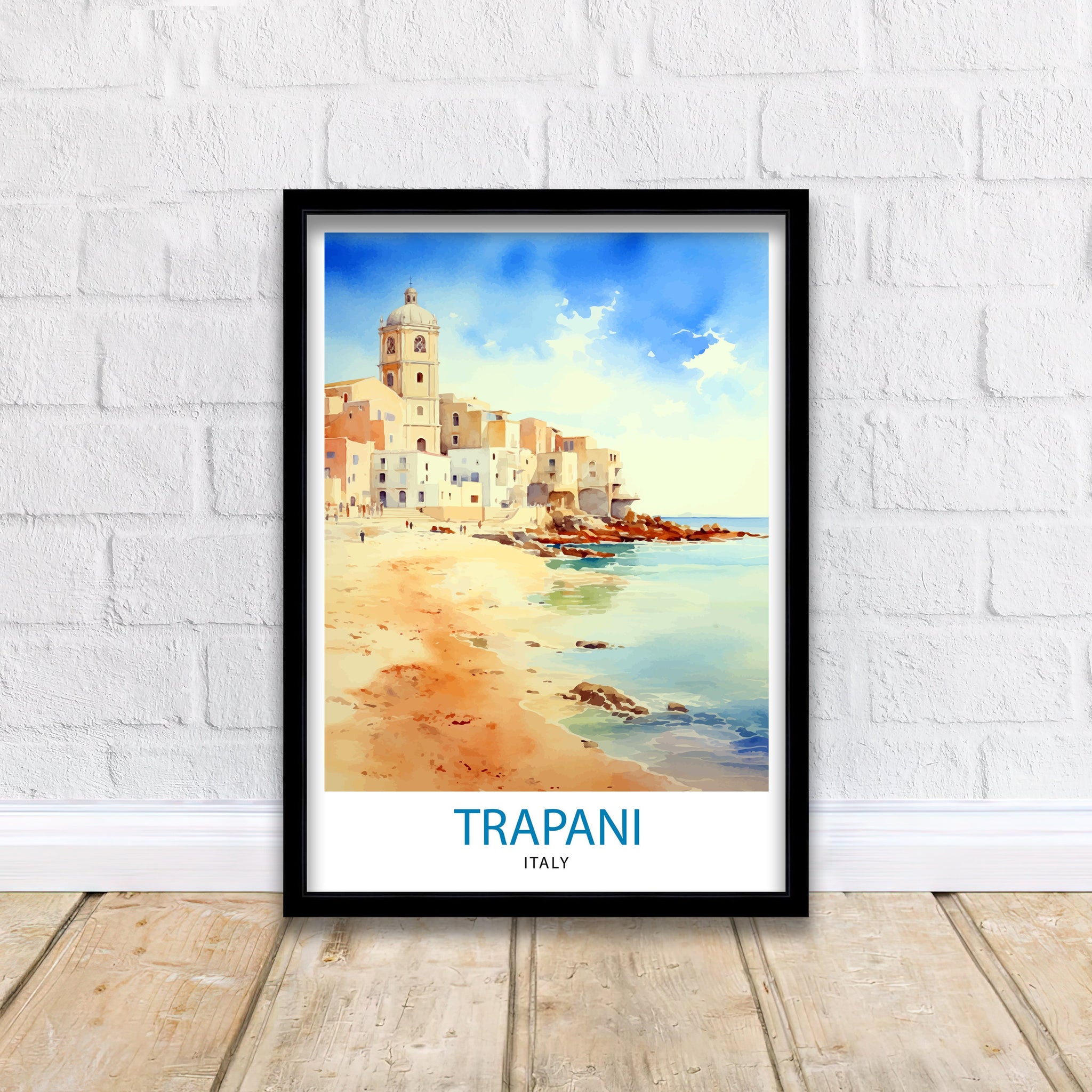 Trapani Italy Art Print Coastal Sicilian City Poster Trapani Beach Wall Art Italian Seaside Decor Travel to Trapani Illustration