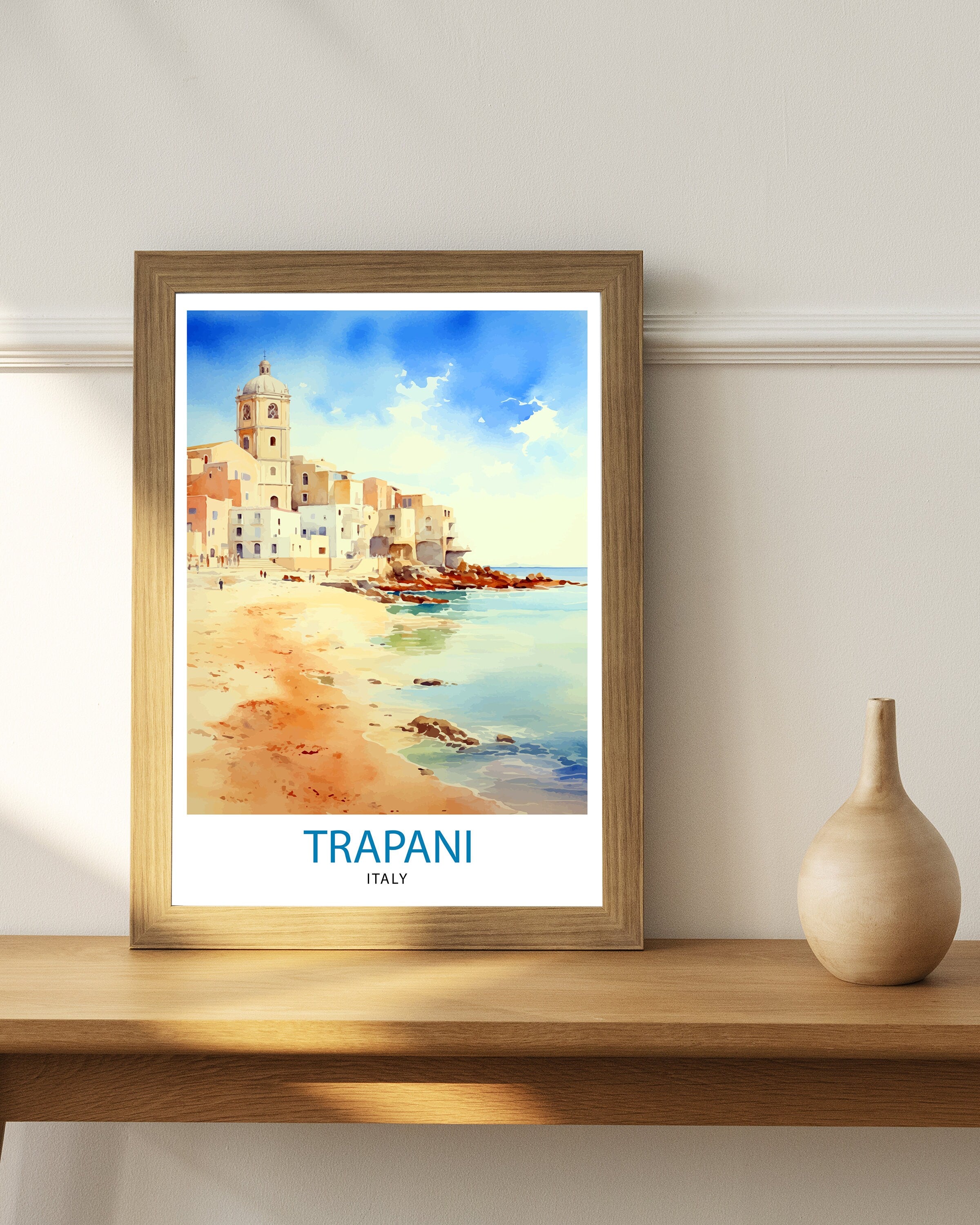 Trapani Italy Art Print Coastal Sicilian City Poster Trapani Beach Wall Art Italian Seaside Decor Travel to Trapani Illustration