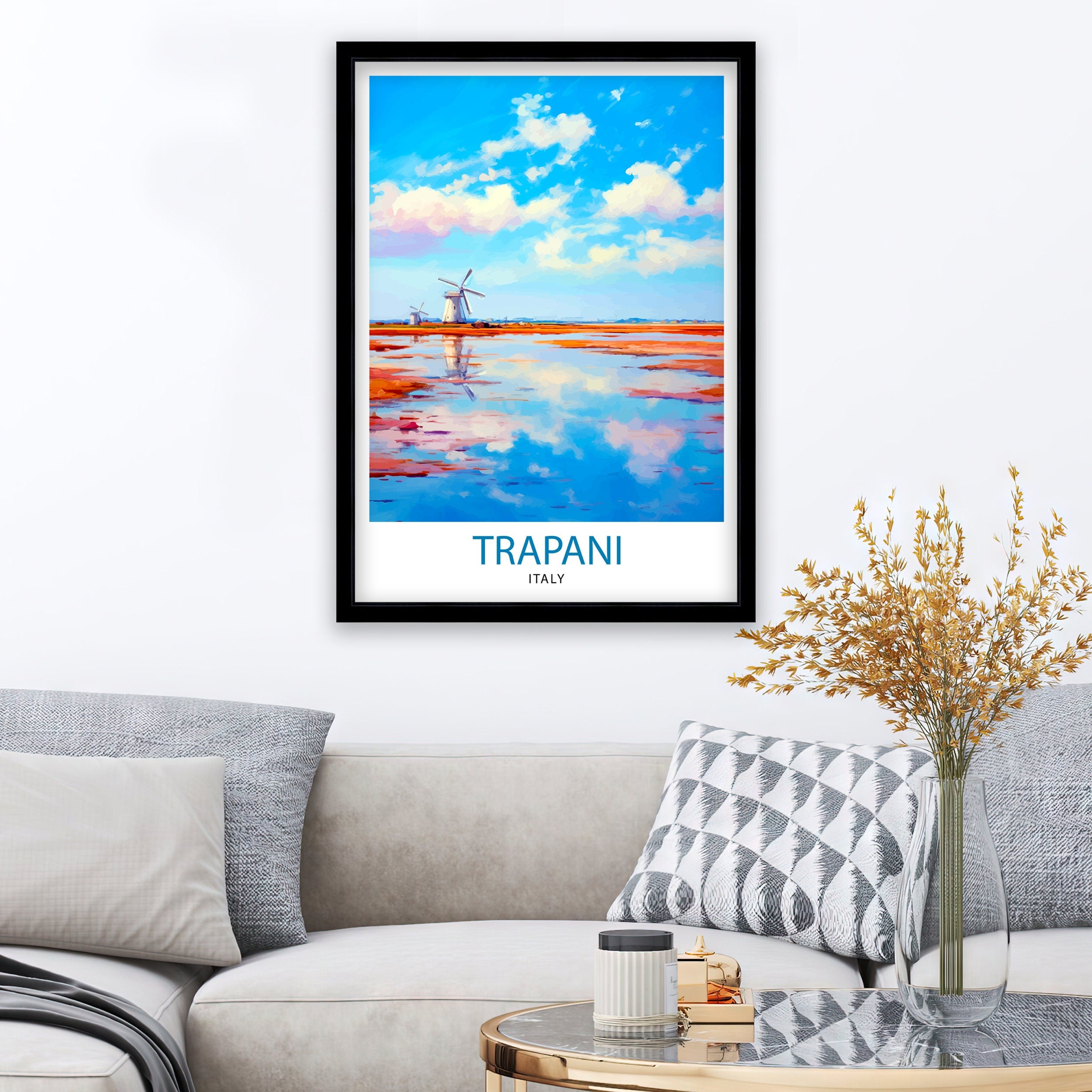Trapani Italy Art Print Coastal Sicilian City Poster Trapani Beach Wall Art Italian Seaside Decor Travel to Trapani Illustration