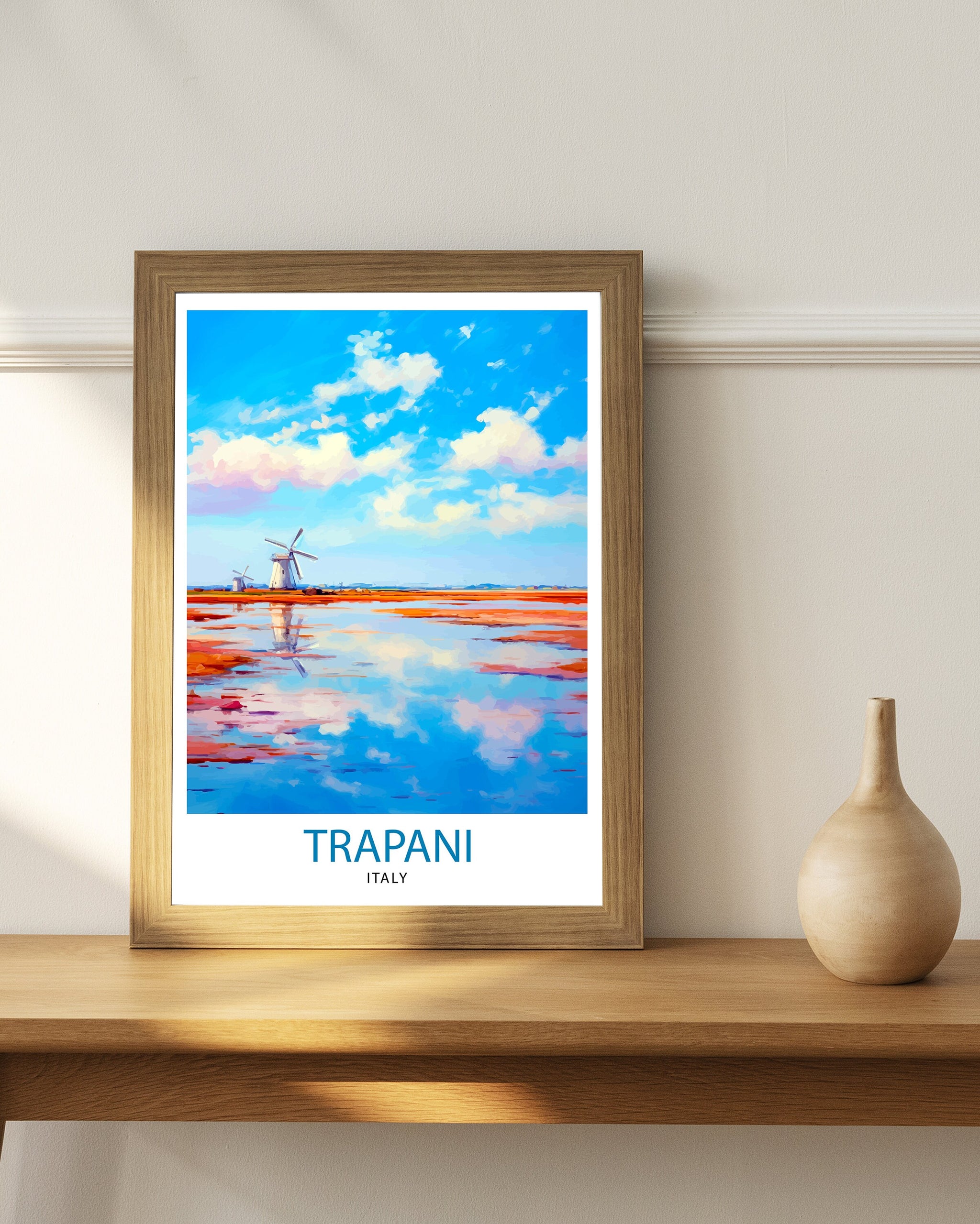 Trapani Italy Art Print Coastal Sicilian City Poster Trapani Beach Wall Art Italian Seaside Decor Travel to Trapani Illustration