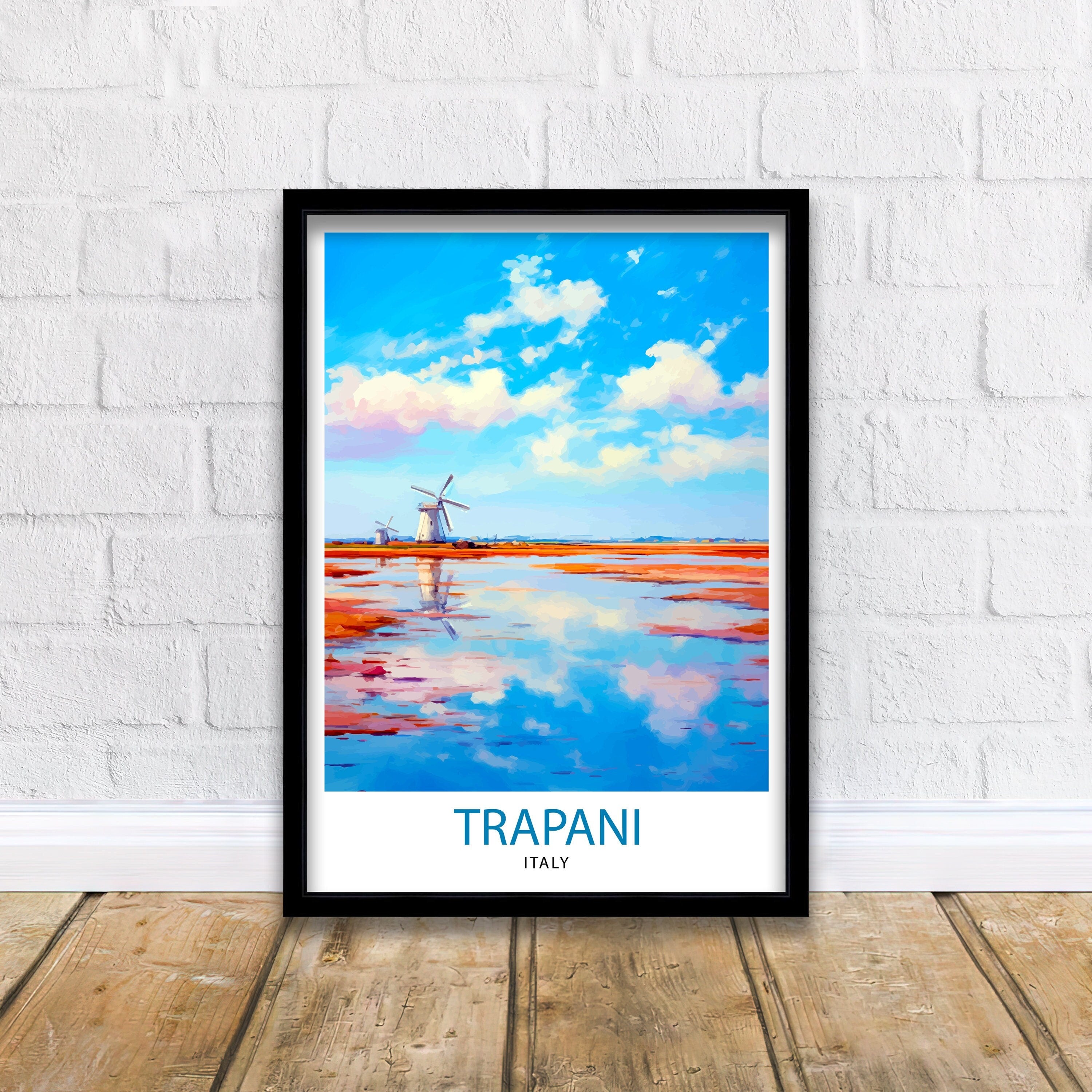 Trapani Italy Art Print Coastal Sicilian City Poster Trapani Beach Wall Art Italian Seaside Decor Travel to Trapani Illustration