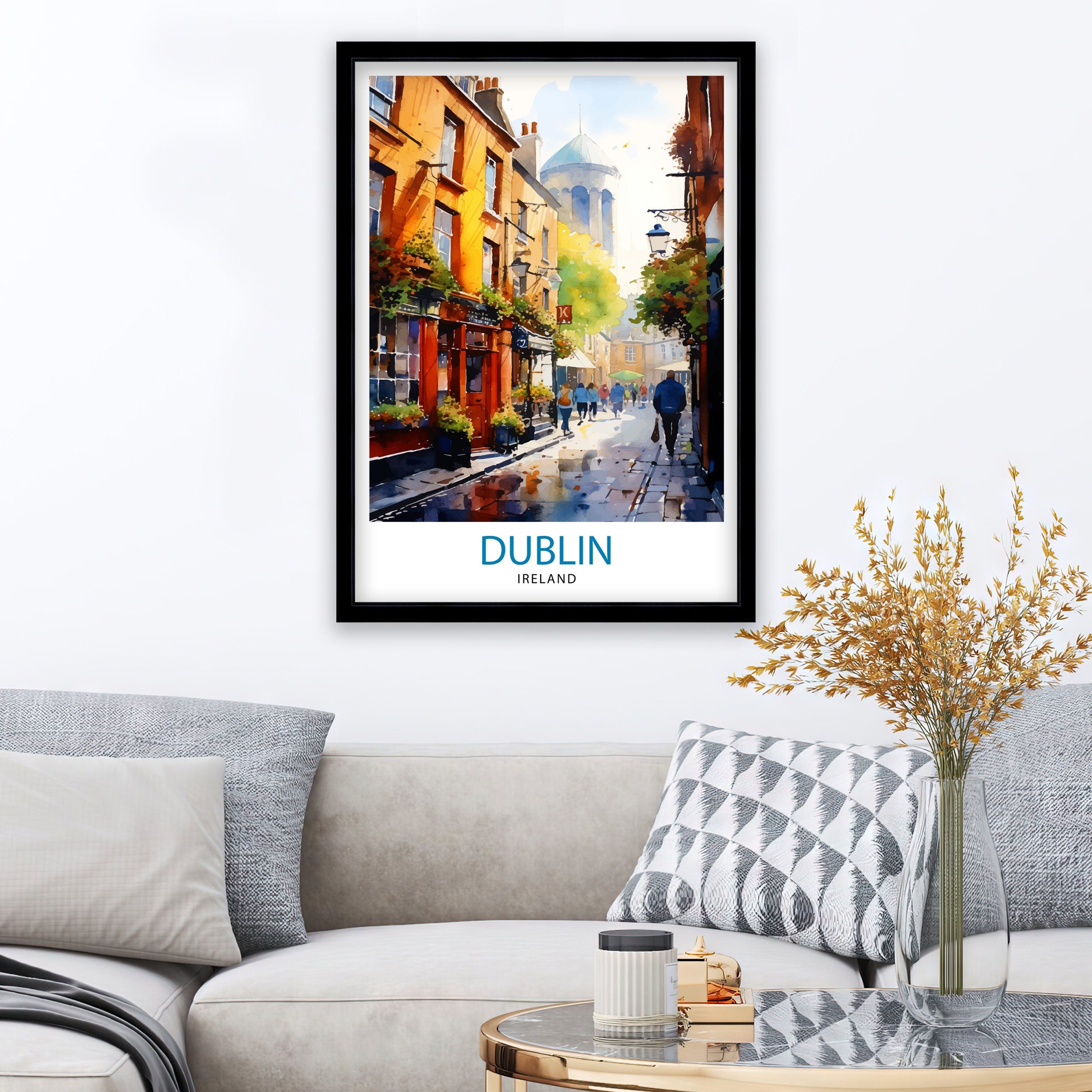 Dublin Ireland Cityscape Print Lively Temple Bar Scene Dublin Wall Art Historic Georgian Doors Illustration Irish Pub Poster Cultural Decor