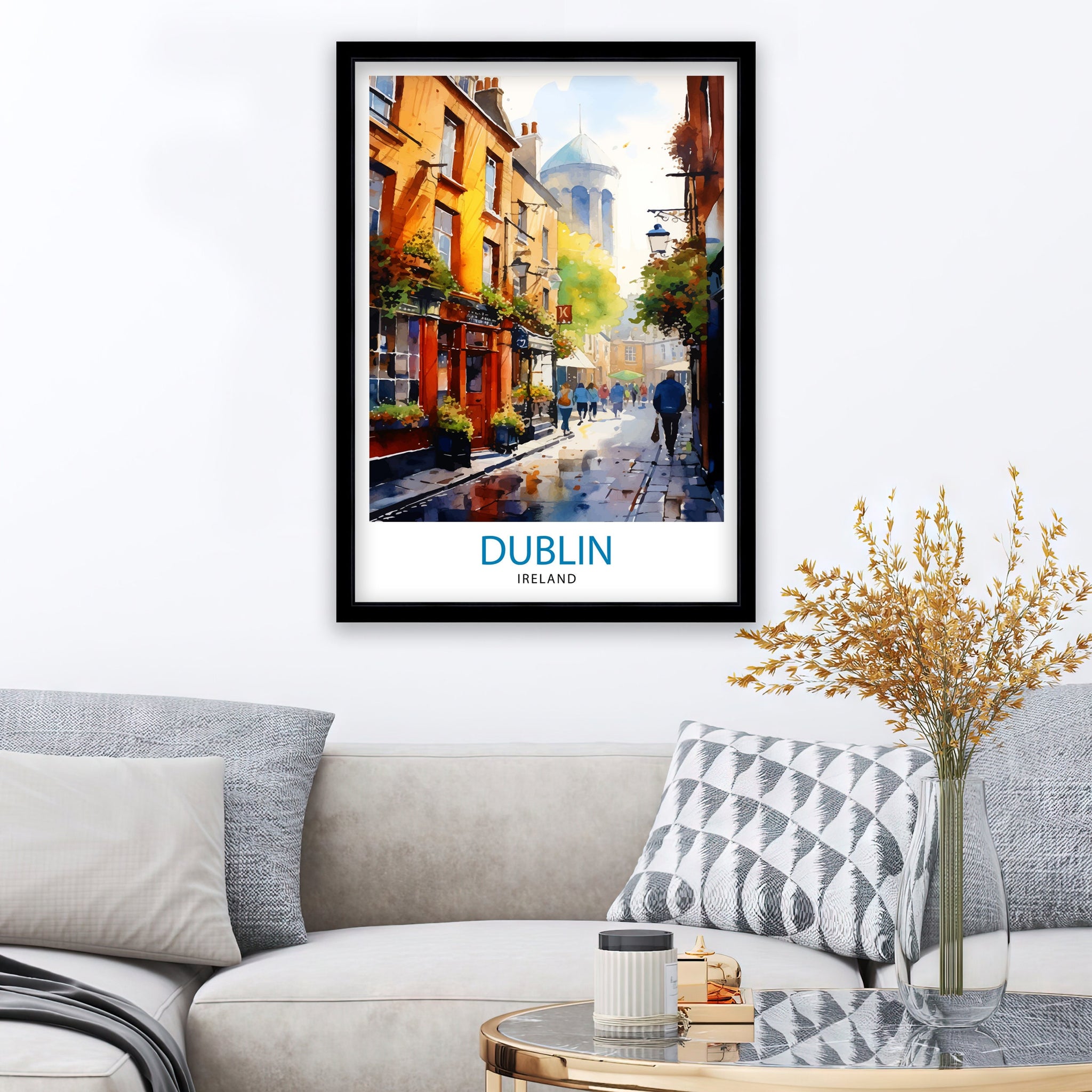 Dublin Ireland Cityscape Print Lively Temple Bar Scene Dublin Wall Art Historic Georgian Doors Illustration Irish Pub Poster Cultural Decor