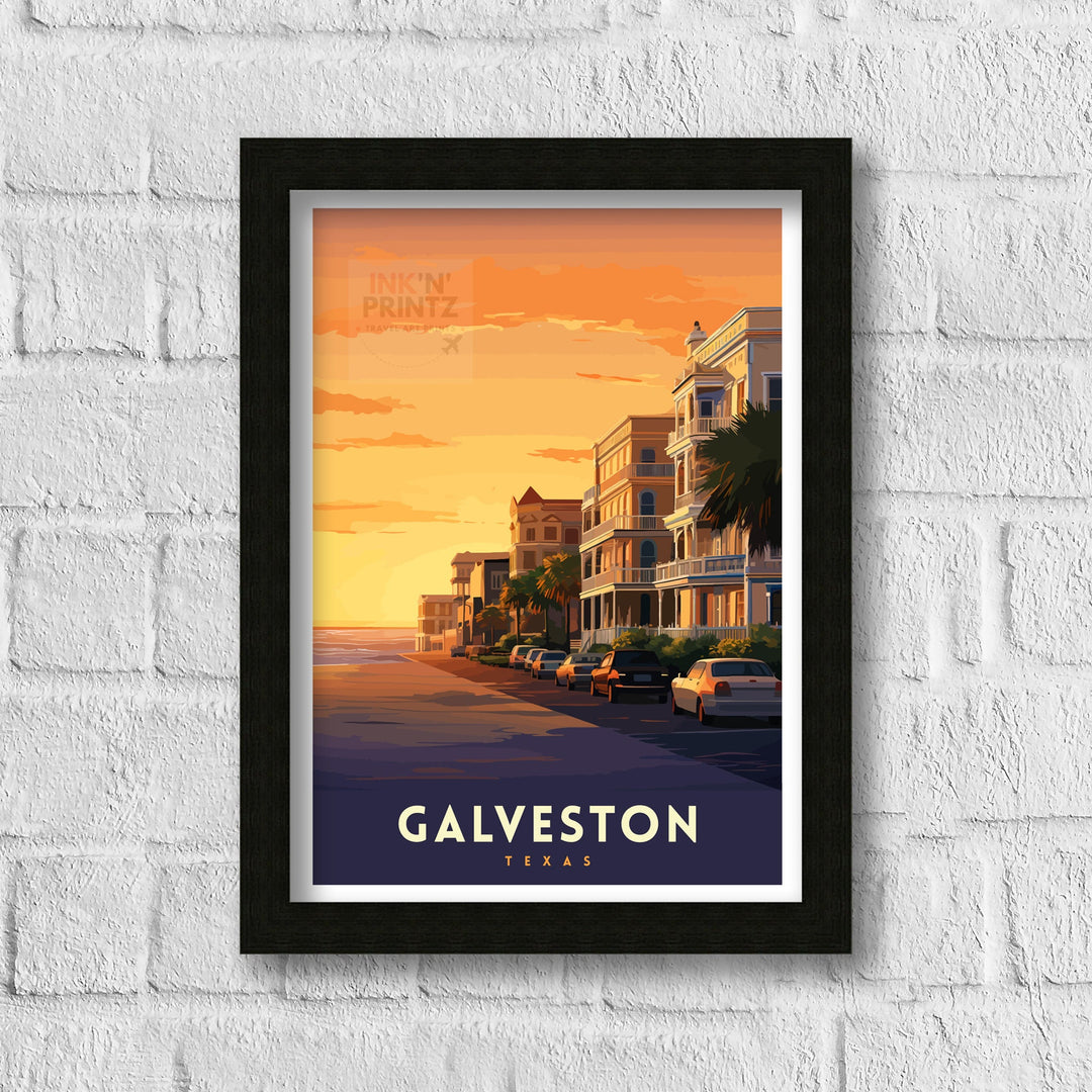 Galveston Texas Beach Art Coastal Charm Print| Pleasure Pier Poster Historic Strand District Wall Art Victorian Architecture Illustration