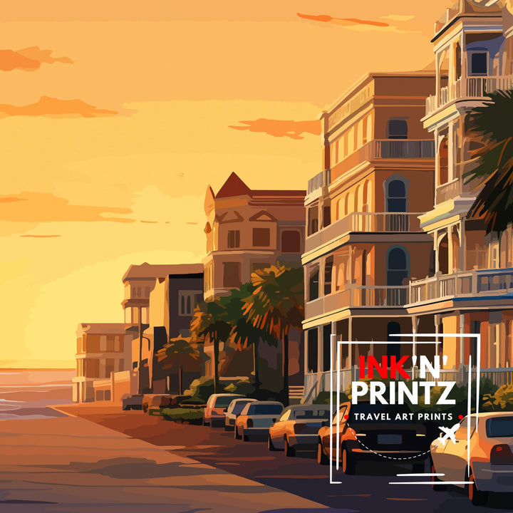 Galveston Texas Beach Art Coastal Charm Print| Pleasure Pier Poster Historic Strand District Wall Art Victorian Architecture Illustration
