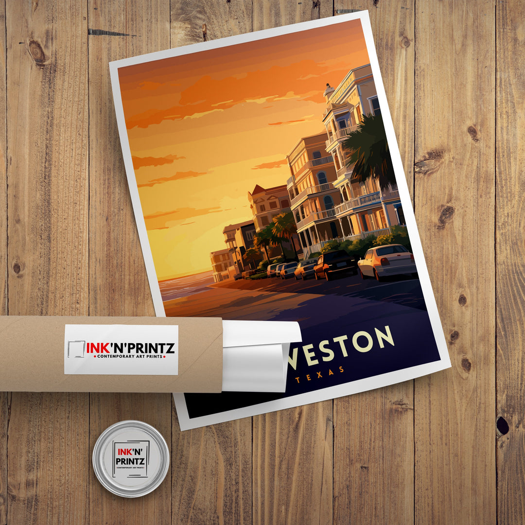 Galveston Texas Beach Art Coastal Charm Print| Pleasure Pier Poster Historic Strand District Wall Art Victorian Architecture Illustration