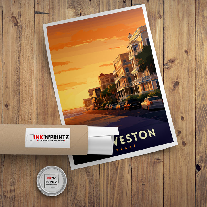 Galveston Texas Beach Art Coastal Charm Print| Pleasure Pier Poster Historic Strand District Wall Art Victorian Architecture Illustration
