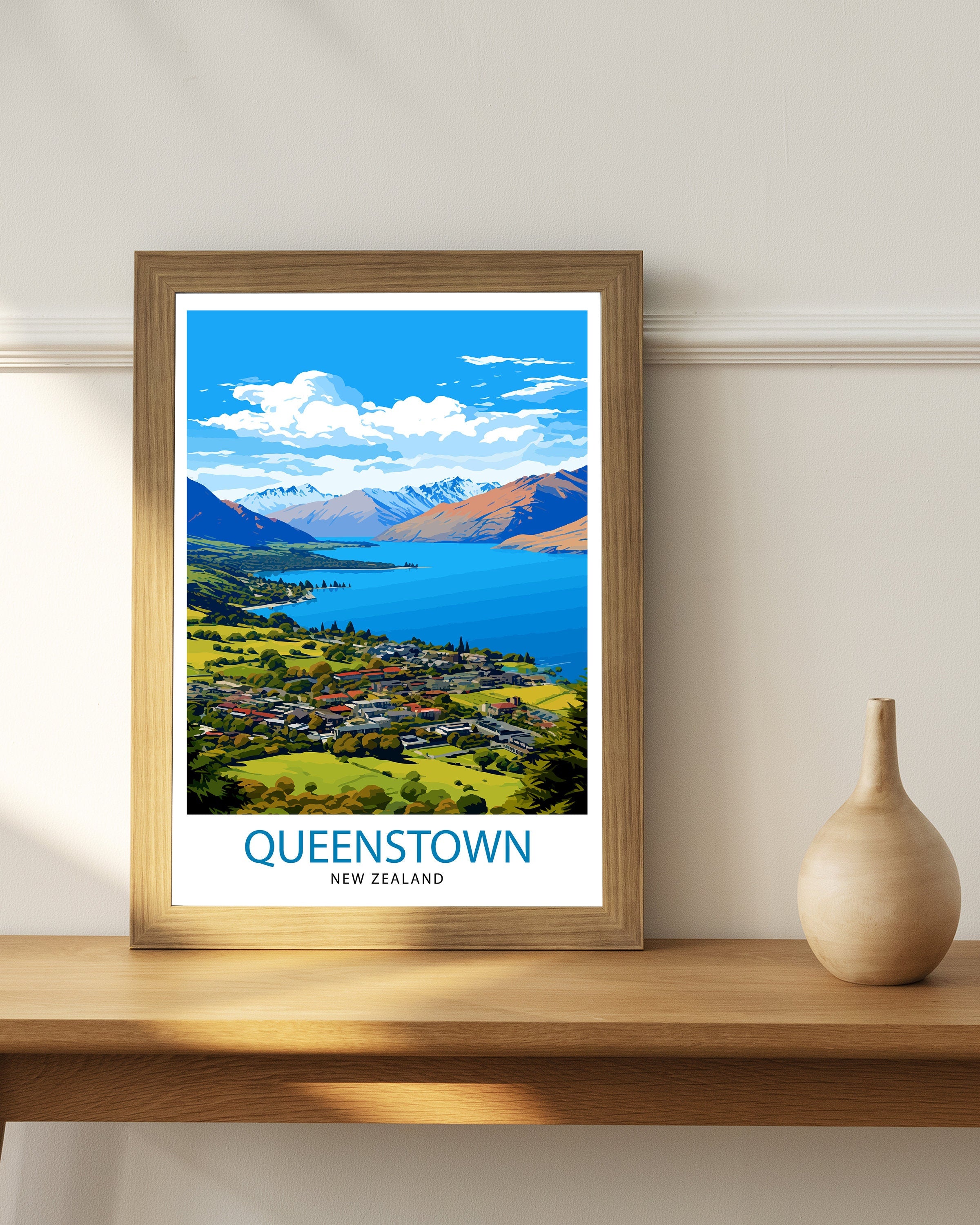Queenstown New Zealand Print| Adventure Capital Poster Lake Wakatipu Wall Art Remarkables Mountain Decor Kiwi Travel Illustration Outdoor