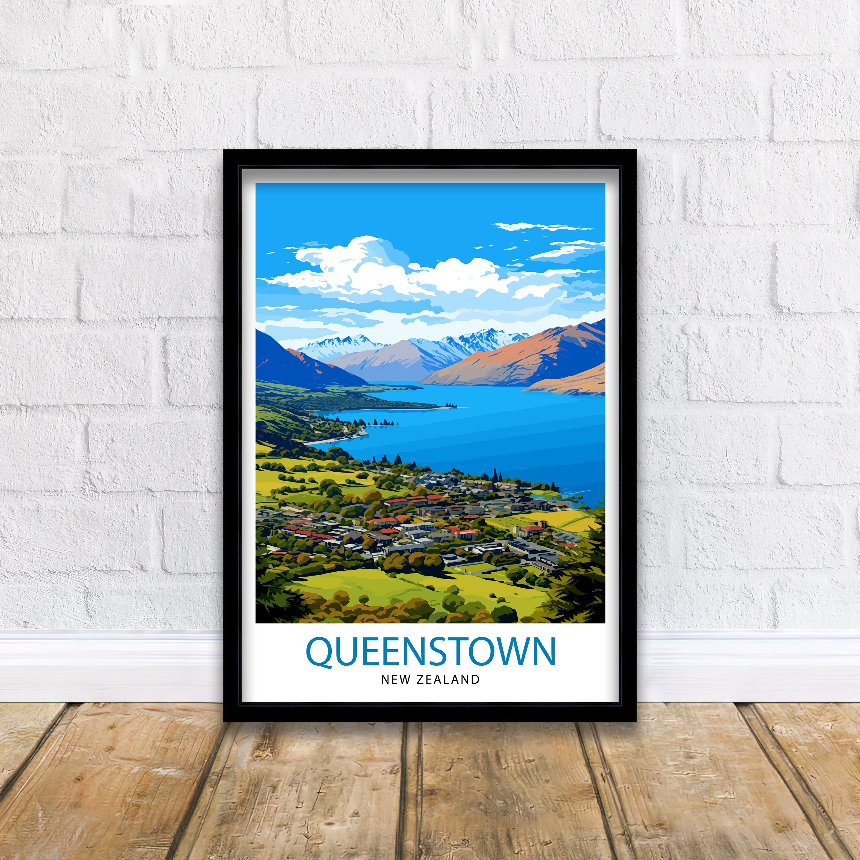 Queenstown New Zealand Print| Adventure Capital Poster Lake Wakatipu Wall Art Remarkables Mountain Decor Kiwi Travel Illustration Outdoor