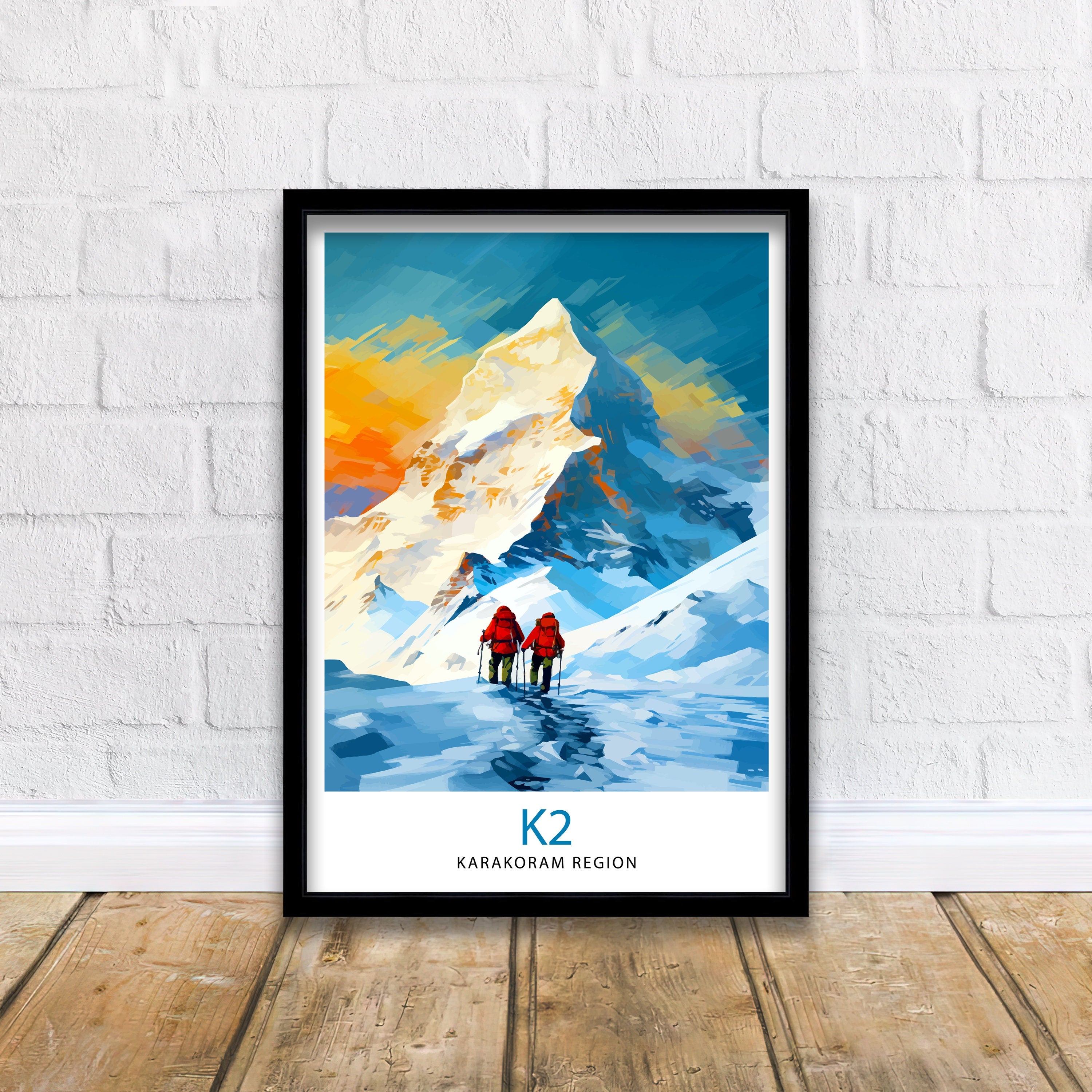 K2 Mountain Print Karakoram Range Artwork Climbers K2 Poster Pakistan Landscape Decor K2 Summit Wall Art Mountaineering Gift