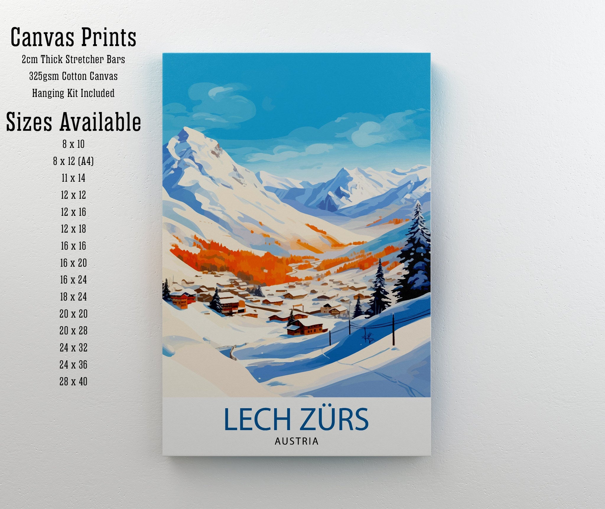 Lech Zurs am Arlberg Austria Travel Print Skiing Wall Decor Alpine Home Living Decor Austria Illustration Travel Poster Gift for Ski Lovers
