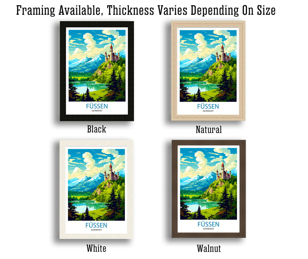 Fussen Germany Travel Print Bavarian Alps Poster Neuschwanstein Castle Art Fussen Landscape Decor German Town Illustration Gift Idea