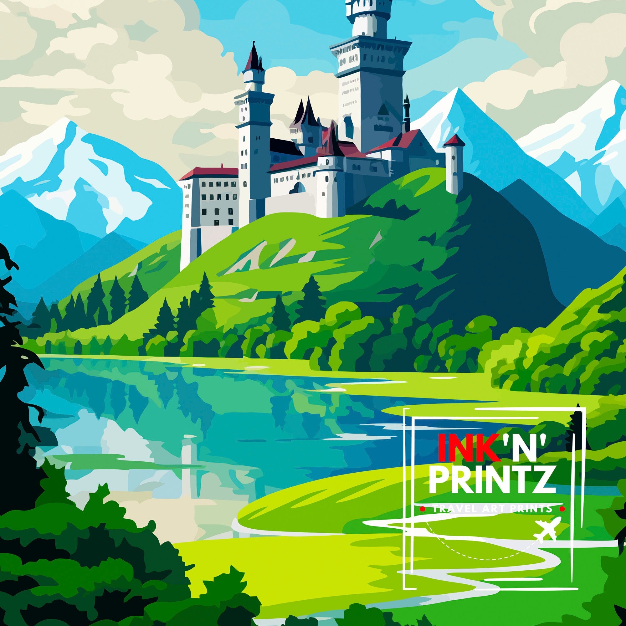 Neuschwanstein Castle Print Fairy Tale Castle Wall Art Bavaria Germany Poster Neuschwanstein Decor Romantic Road Travel German Castle