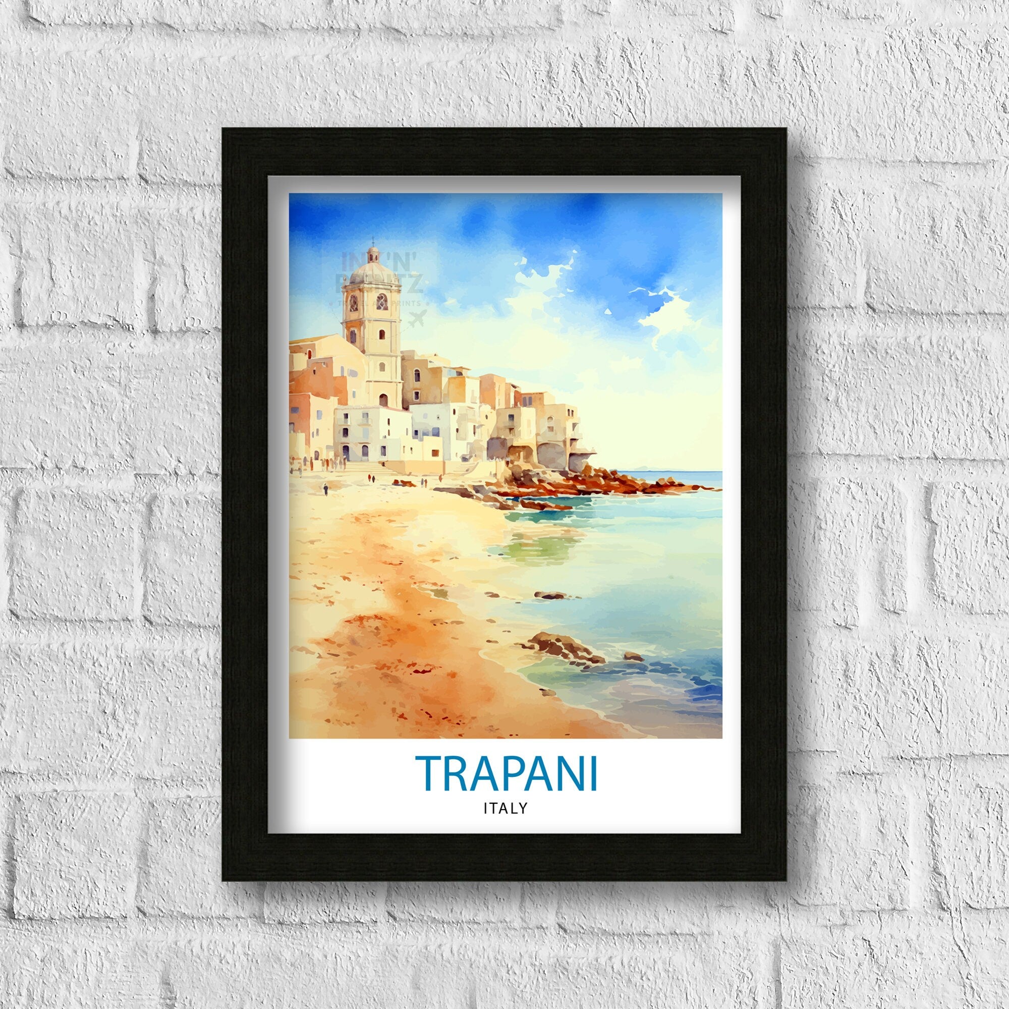 Trapani Italy Art Print Coastal Sicilian City Poster Trapani Beach Wall Art Italian Seaside Decor Travel to Trapani Illustration