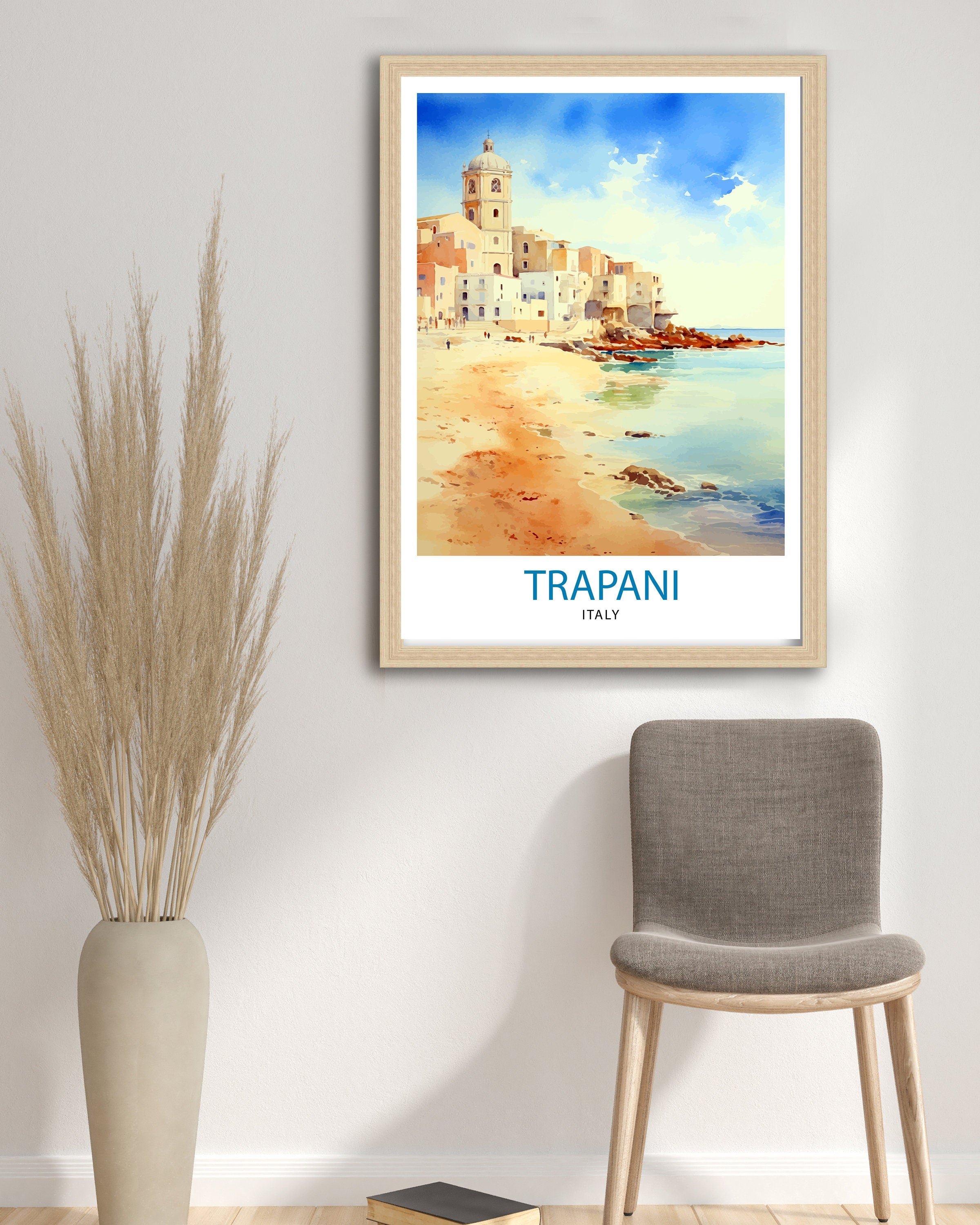Trapani Italy Art Print Coastal Sicilian City Poster Trapani Beach Wall Art Italian Seaside Decor Travel to Trapani Illustration