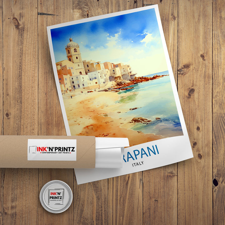 Trapani Italy Art Poster Coastal Sicilian City Poster Trapani Beach Wall Art Italian Seaside Decor Travel to Trapani Illustration