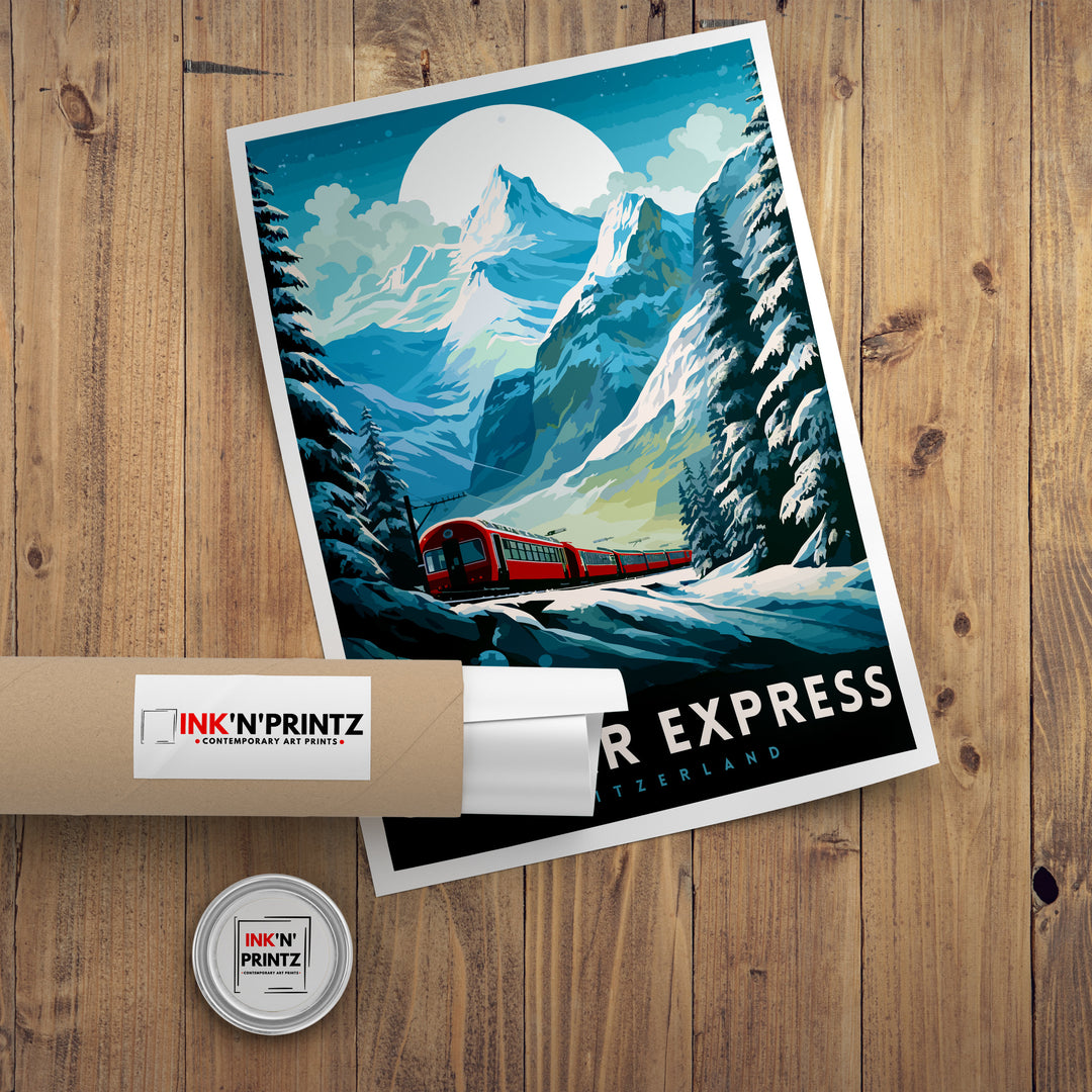 Glacier Express Train Poster Swiss Alps Railway Poster Scenic Train Journey Art Switzerland Travel Decor Alpine Adventure Wall Art Railway