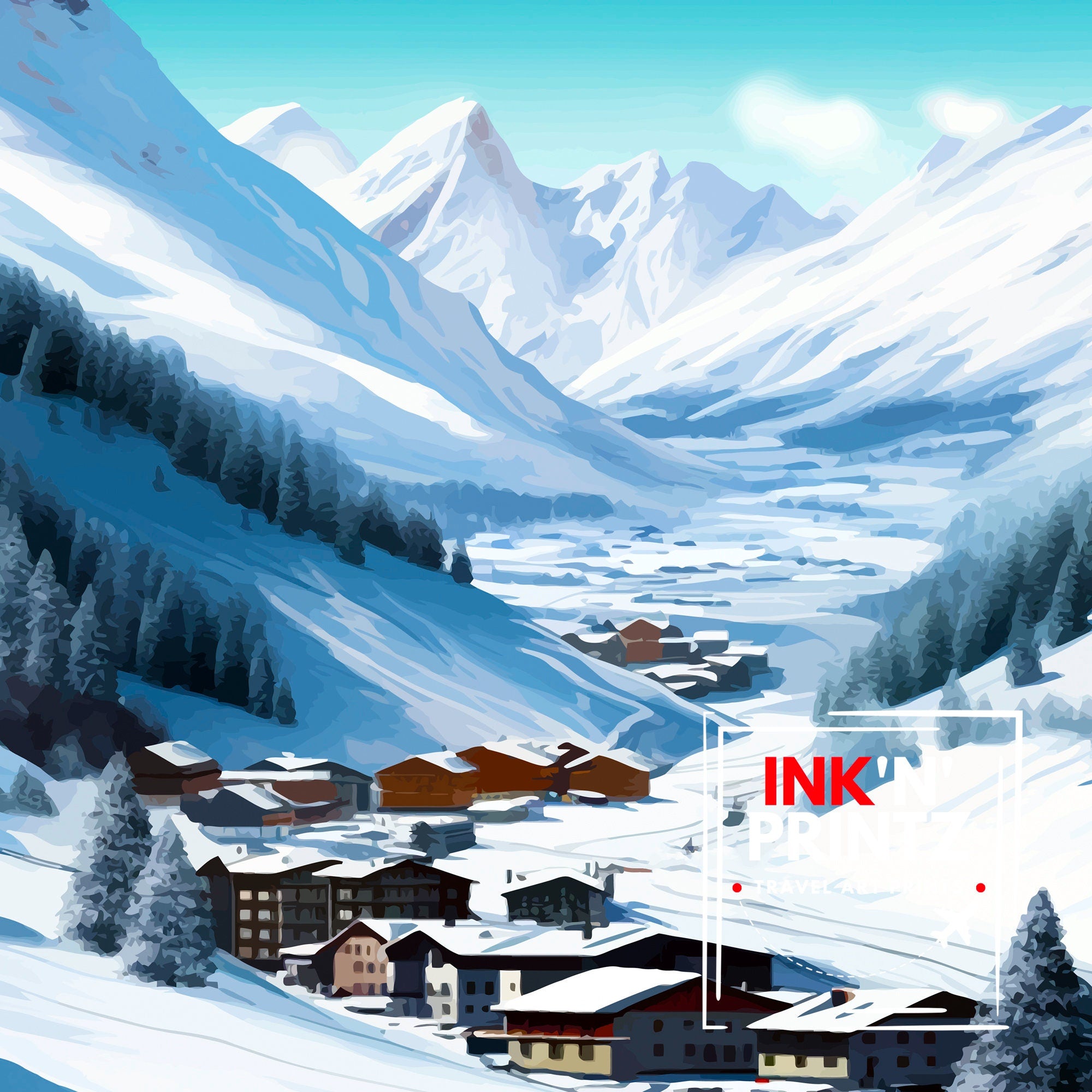 Val d Isere Travel Print French Ski Paradise Wall Decor Val dIsere Poster Alpine Resort France Snow Landscape Art Ski Lovers Gift Idea