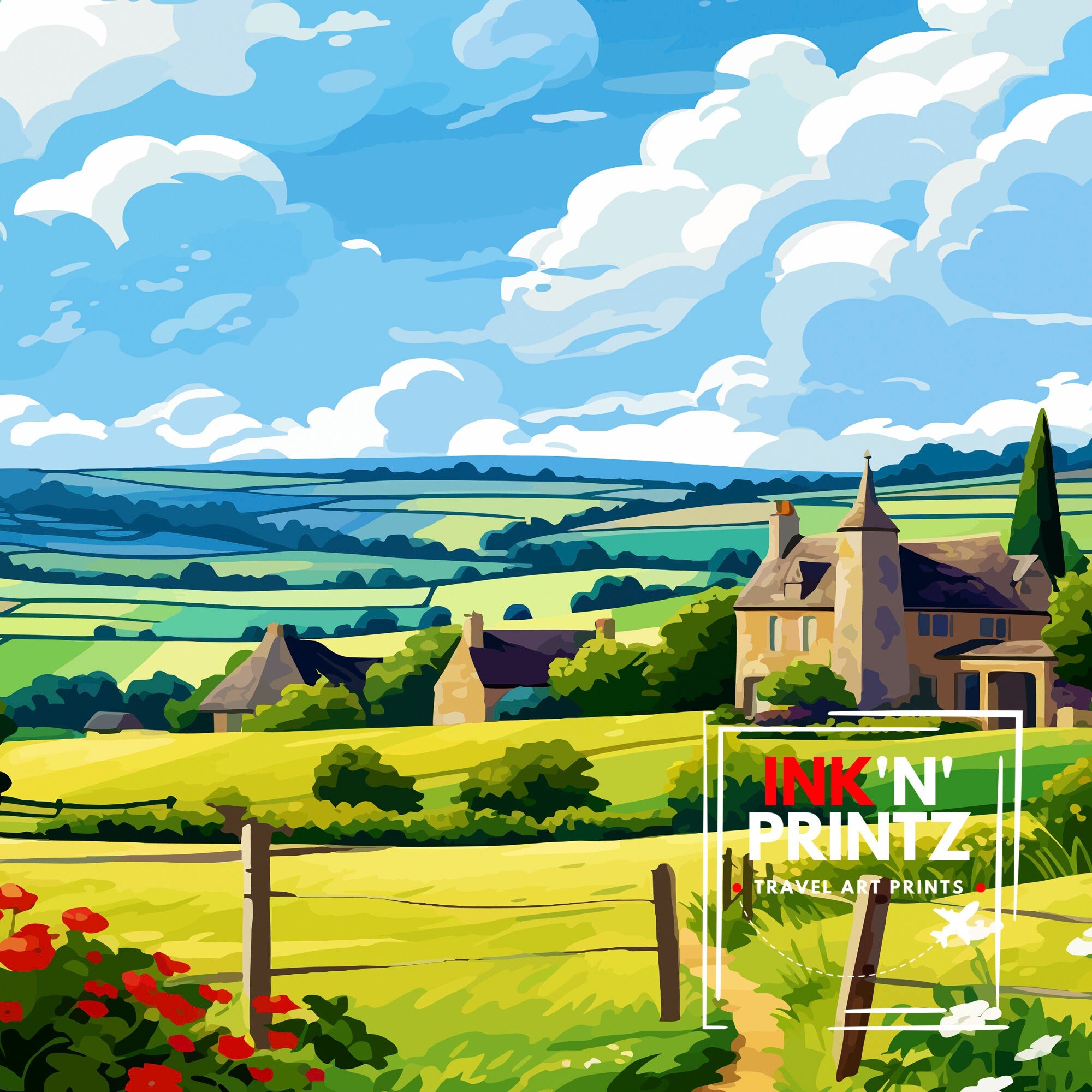 Cotswolds Travel Print Cotswolds Wall Art Cotswolds Illustration Travel Poster Gift Cotswolds Home Decor