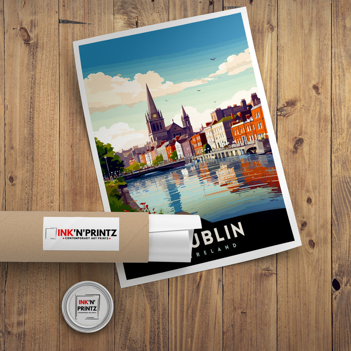 Dublin Ireland Cityscape Print Lively Temple Bar Scene Dublin Wall Art Historic Georgian Doors Illustration Irish Pub Poster Cultural Decor