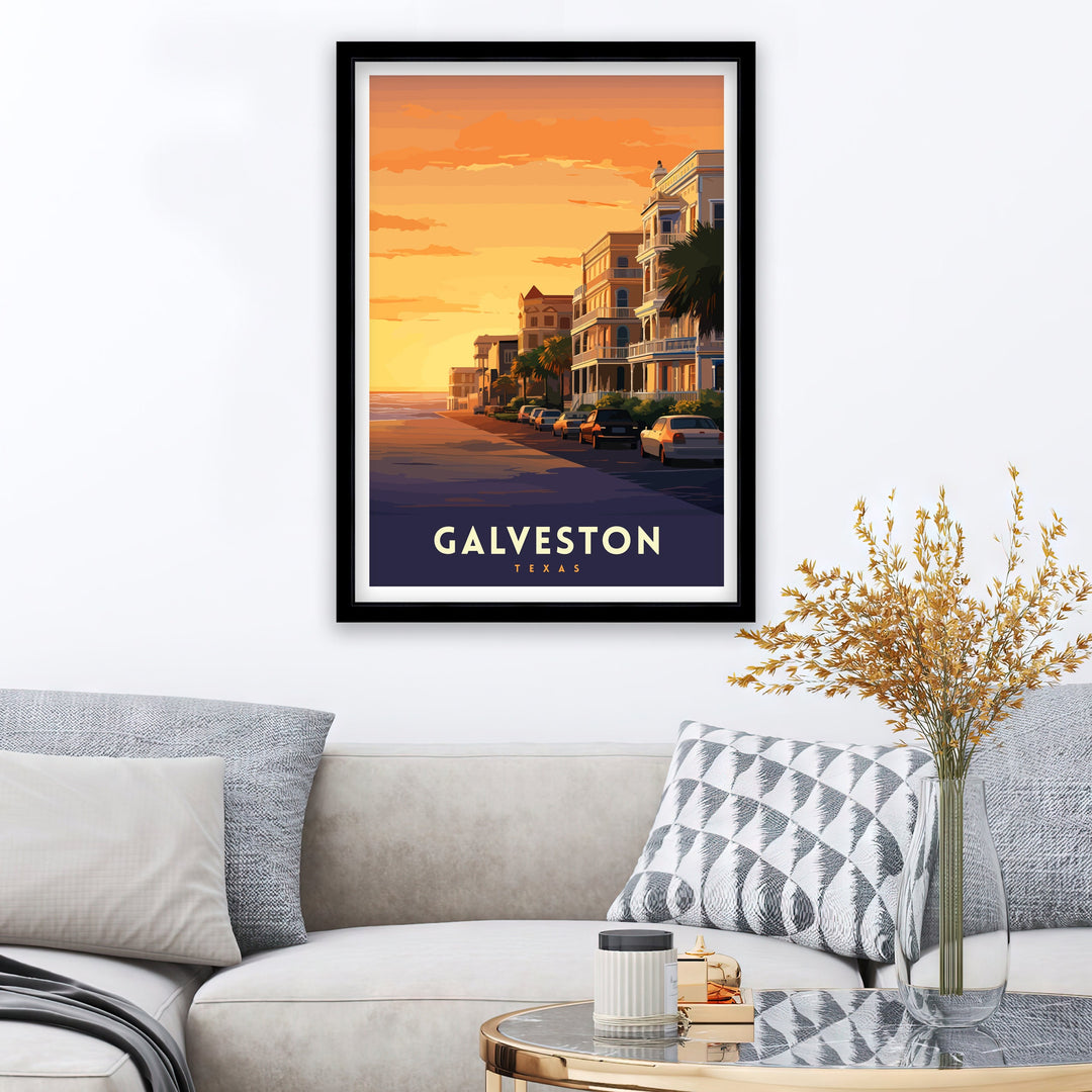 Galveston Texas Beach Art Coastal Charm Print| Pleasure Pier Poster Historic Strand District Wall Art Victorian Architecture Illustration