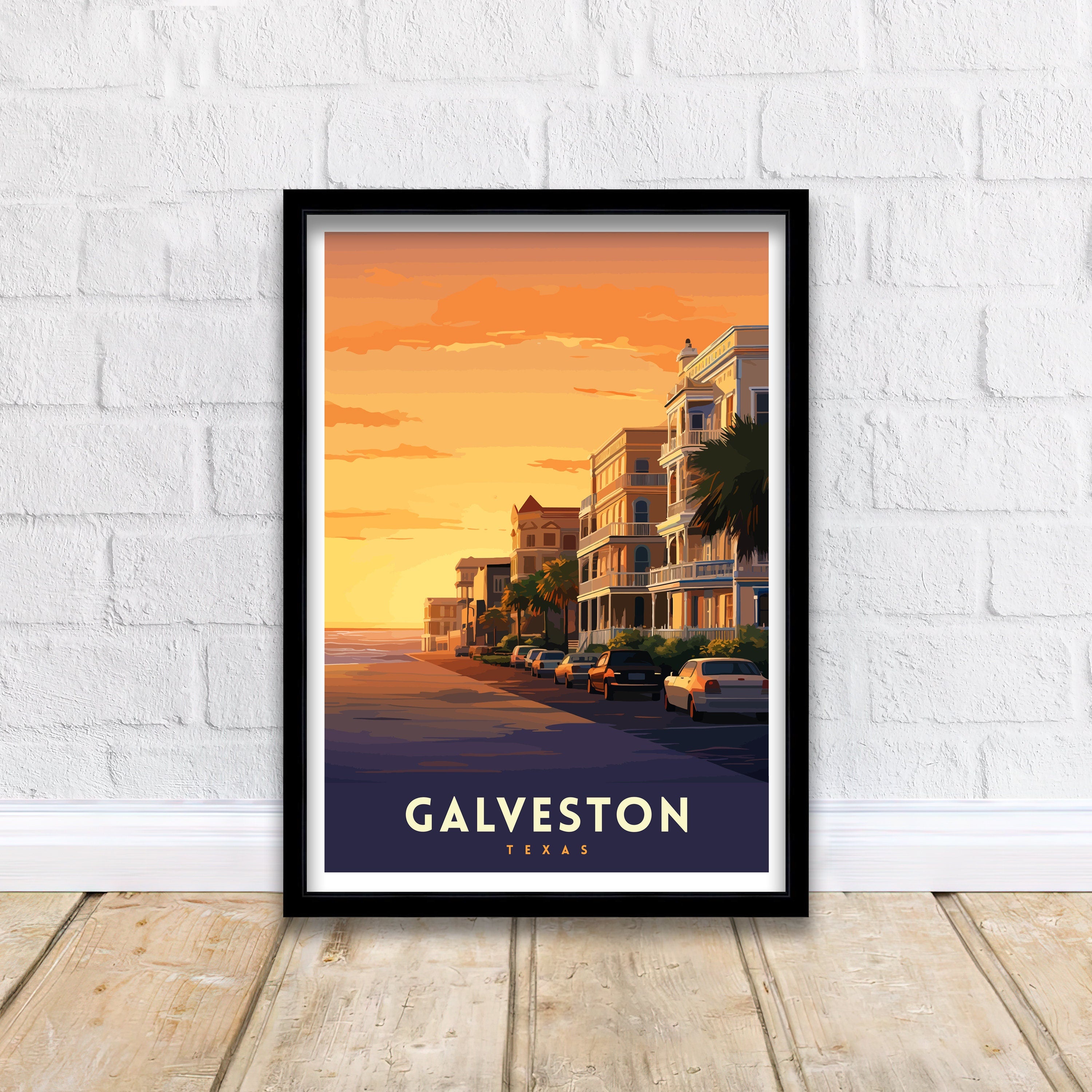 Galveston Texas Beach Art Coastal Charm Print| Pleasure Pier Poster Historic Strand District Wall Art Victorian Architecture Illustration