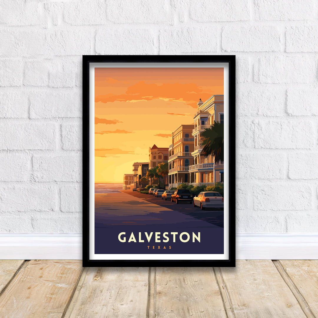 Galveston Texas Beach Art Coastal Charm Print| Pleasure Pier Poster Historic Strand District Wall Art Victorian Architecture Illustration