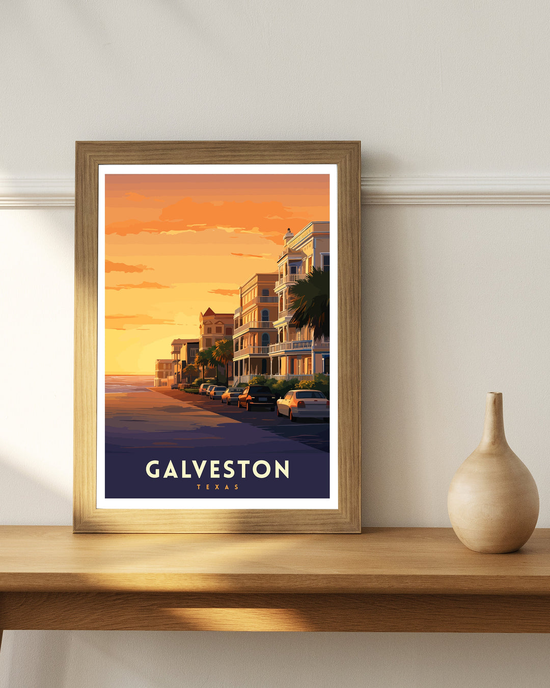 Galveston Texas Beach Art Coastal Charm Print| Pleasure Pier Poster Historic Strand District Wall Art Victorian Architecture Illustration