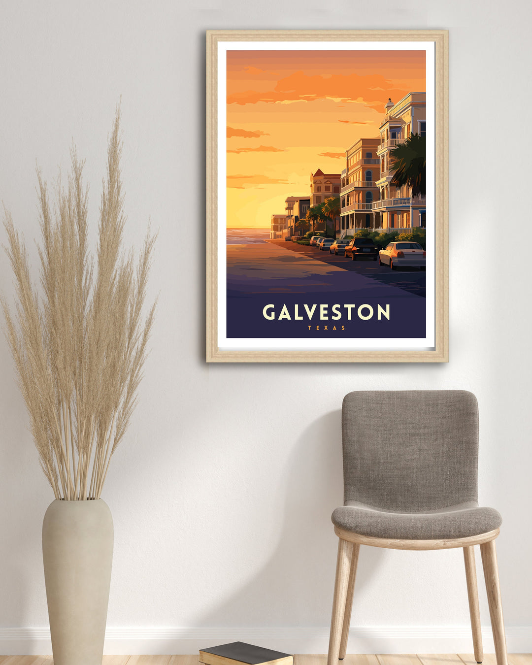 Galveston Texas Beach Art Coastal Charm Print| Pleasure Pier Poster Historic Strand District Wall Art Victorian Architecture Illustration