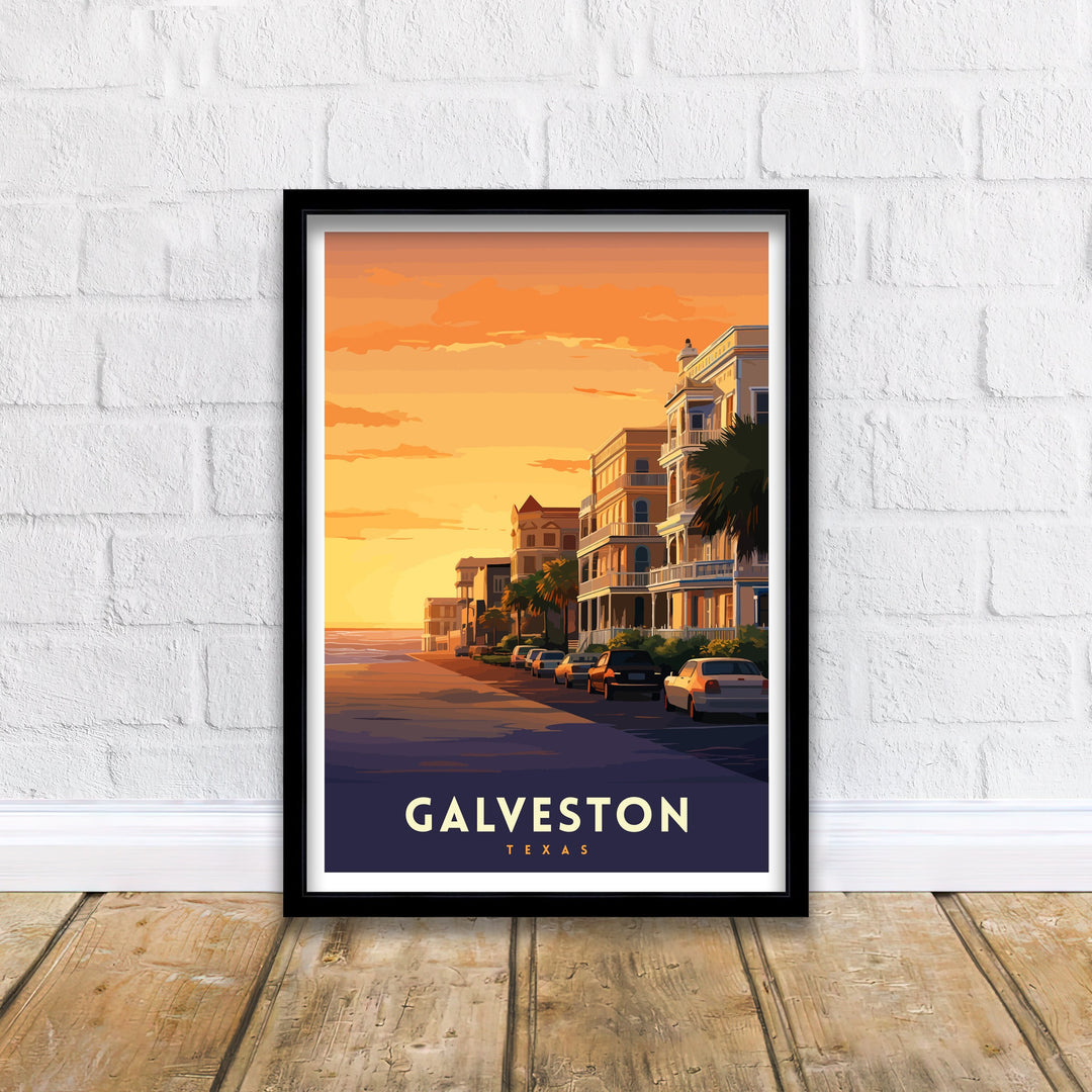 Galveston Texas Beach Art Coastal Charm Print| Pleasure Pier Poster Historic Strand District Wall Art Victorian Architecture Illustration