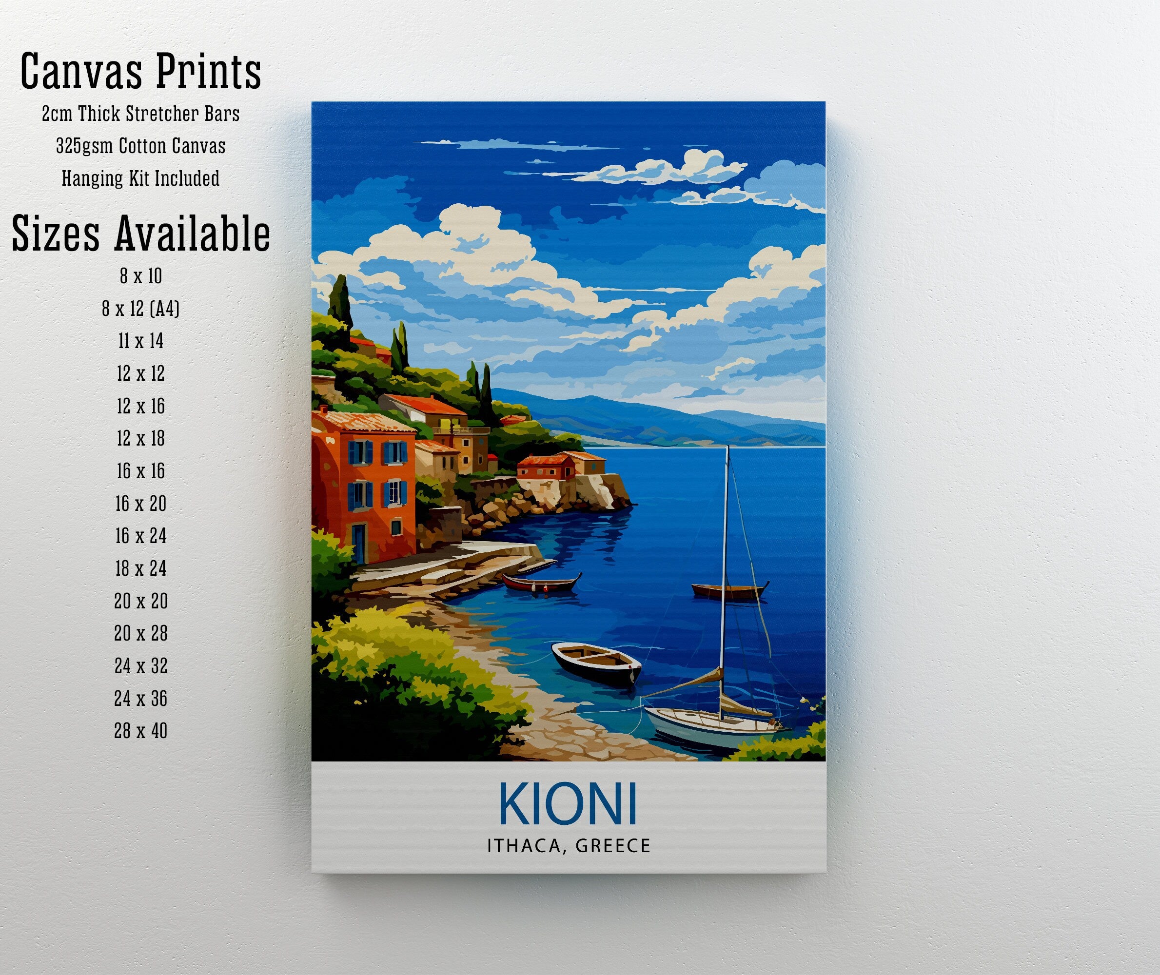 Kioni Ithaca Greece Print Greek Island Art Kioni Village Poster Ionian Sea Wall Decor Mediterranean Landscape Illustration Greek Coastal