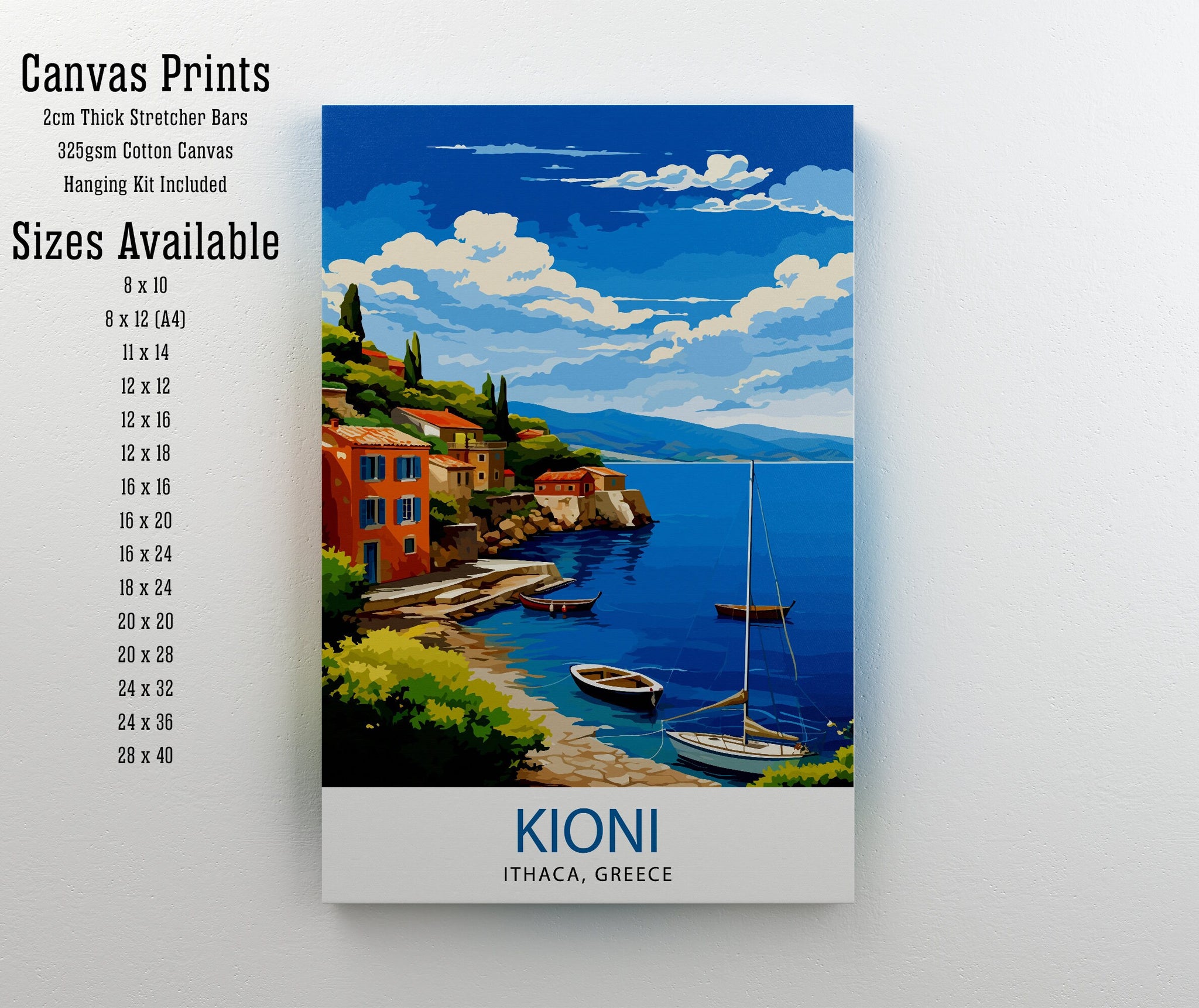 Kioni Ithaca Greece Print Greek Island Art Kioni Village Poster Ionian Sea Wall Decor Mediterranean Landscape Illustration Greek Coastal