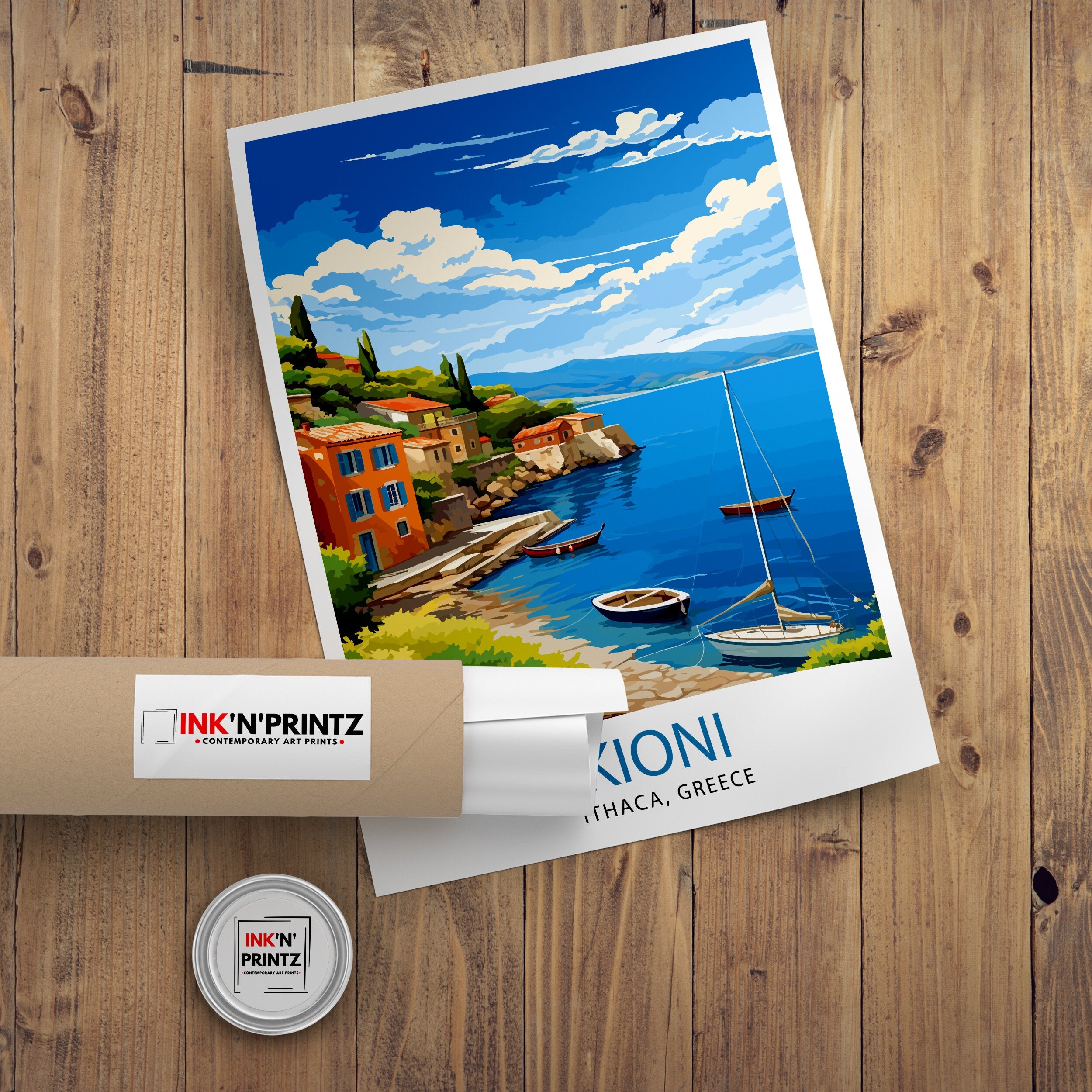 Kioni Ithaca Greece Print Greek Island Art Kioni Village Poster Ionian Sea Wall Decor Mediterranean Landscape Illustration Greek Coastal