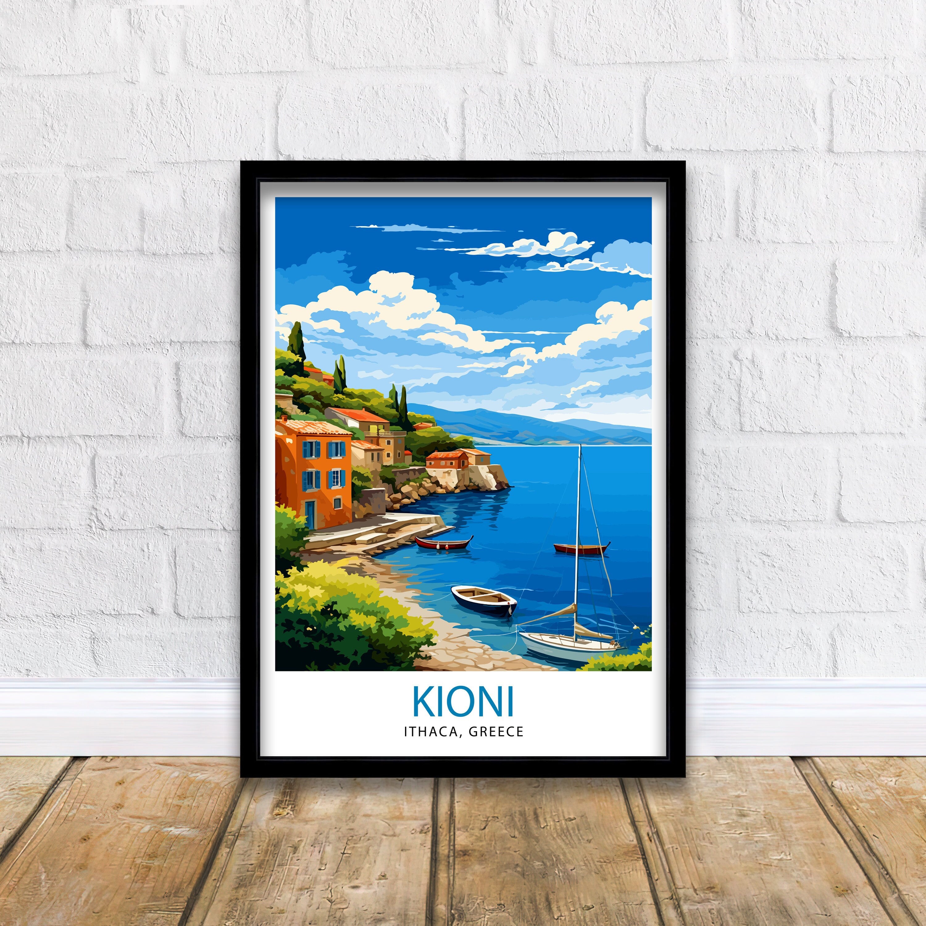 Kioni Ithaca Greece Print Greek Island Art Kioni Village Poster Ionian Sea Wall Decor Mediterranean Landscape Illustration Greek Coastal