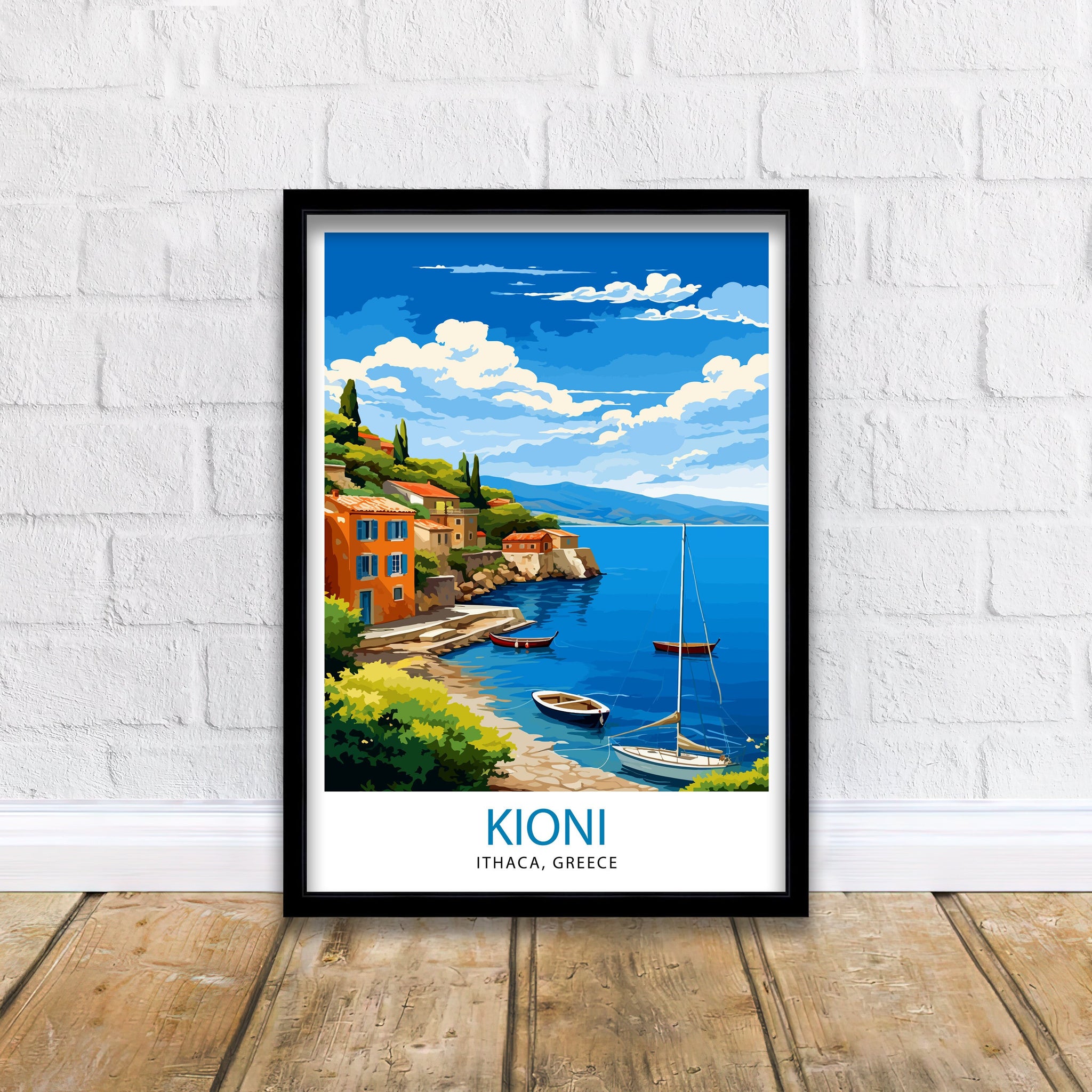 Kioni Ithaca Greece Print Greek Island Art Kioni Village Poster Ionian Sea Wall Decor Mediterranean Landscape Illustration Greek Coastal