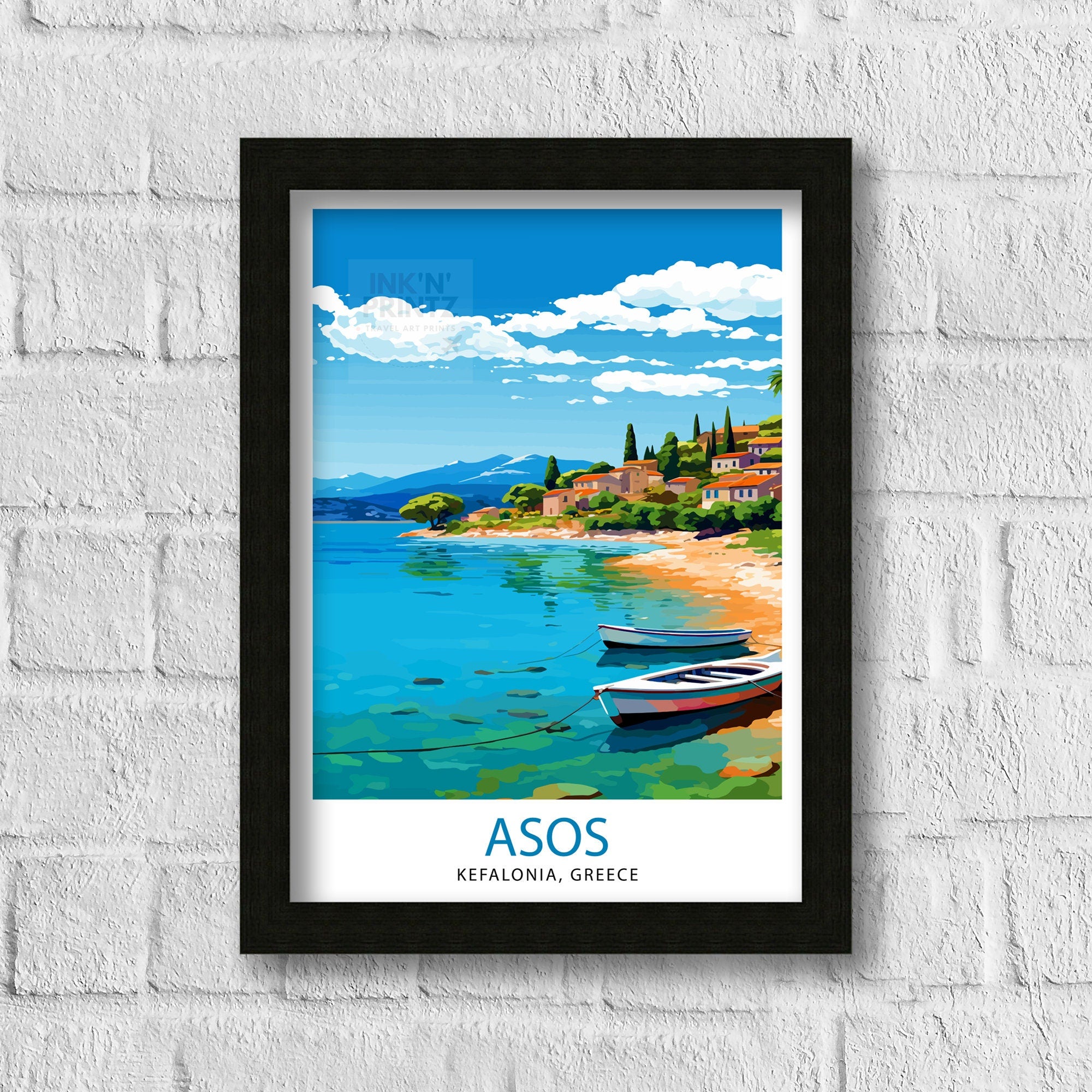 Asos Kefalonia Greece Print Greek Village Art Ionian Island Poster Kefalonia Coastal View Wall Decor Mediterranean Seascape Illustration