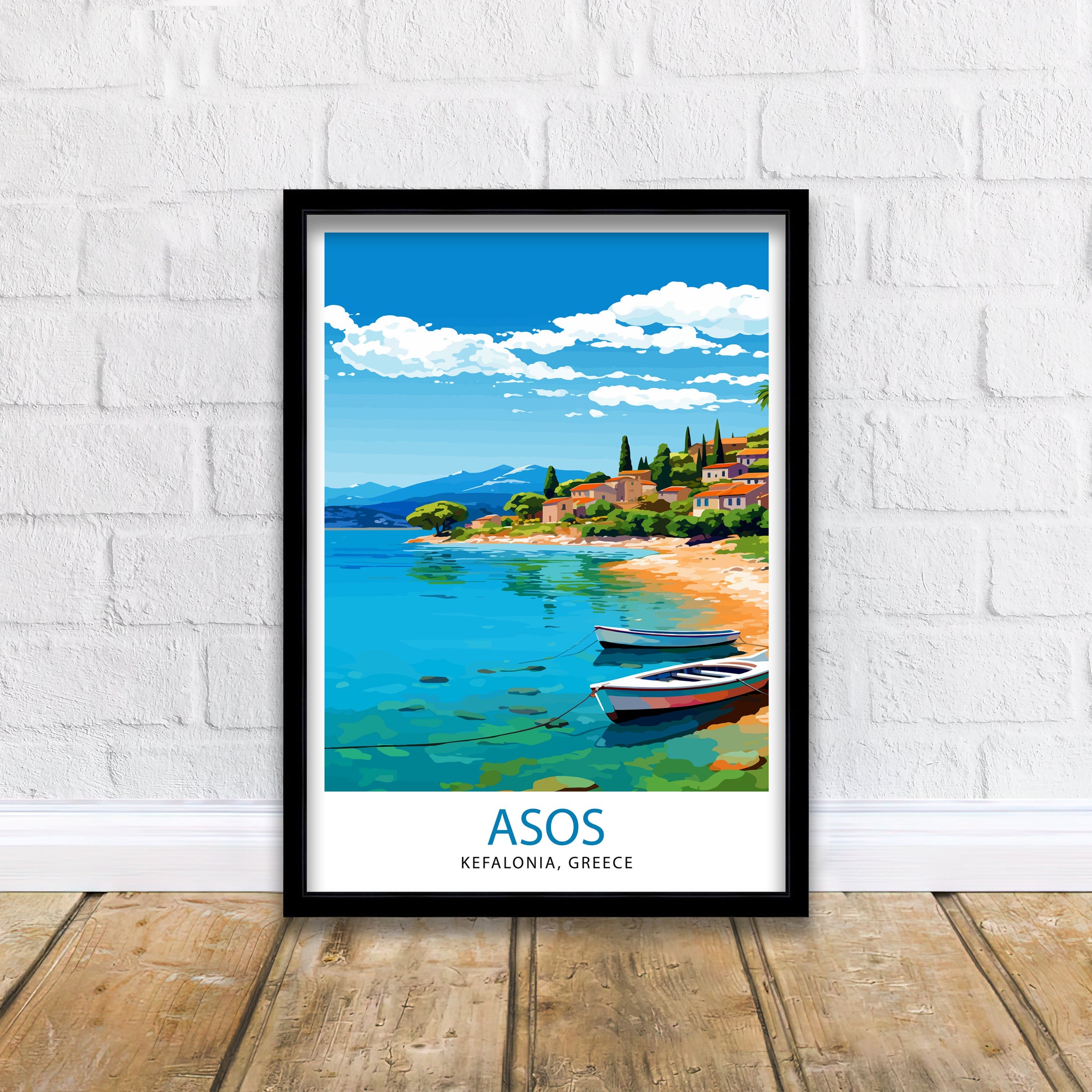 Asos Kefalonia Greece Print Greek Village Art Ionian Island Poster Kefalonia Coastal View Wall Decor Mediterranean Seascape Illustration