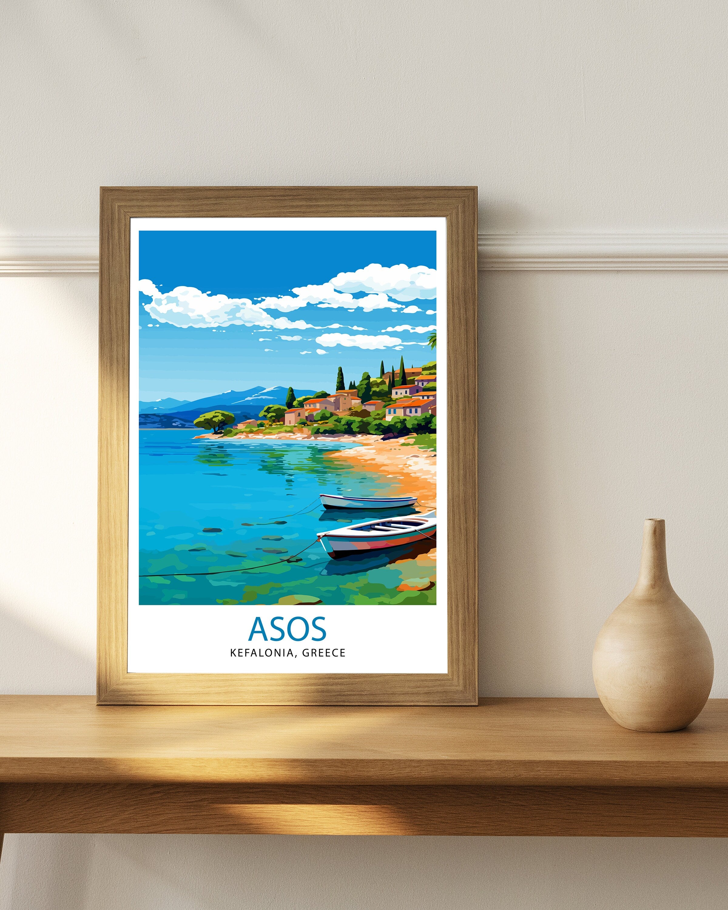 Asos Kefalonia Greece Print Greek Village Art Ionian Island Poster Kefalonia Coastal View Wall Decor Mediterranean Seascape Illustration