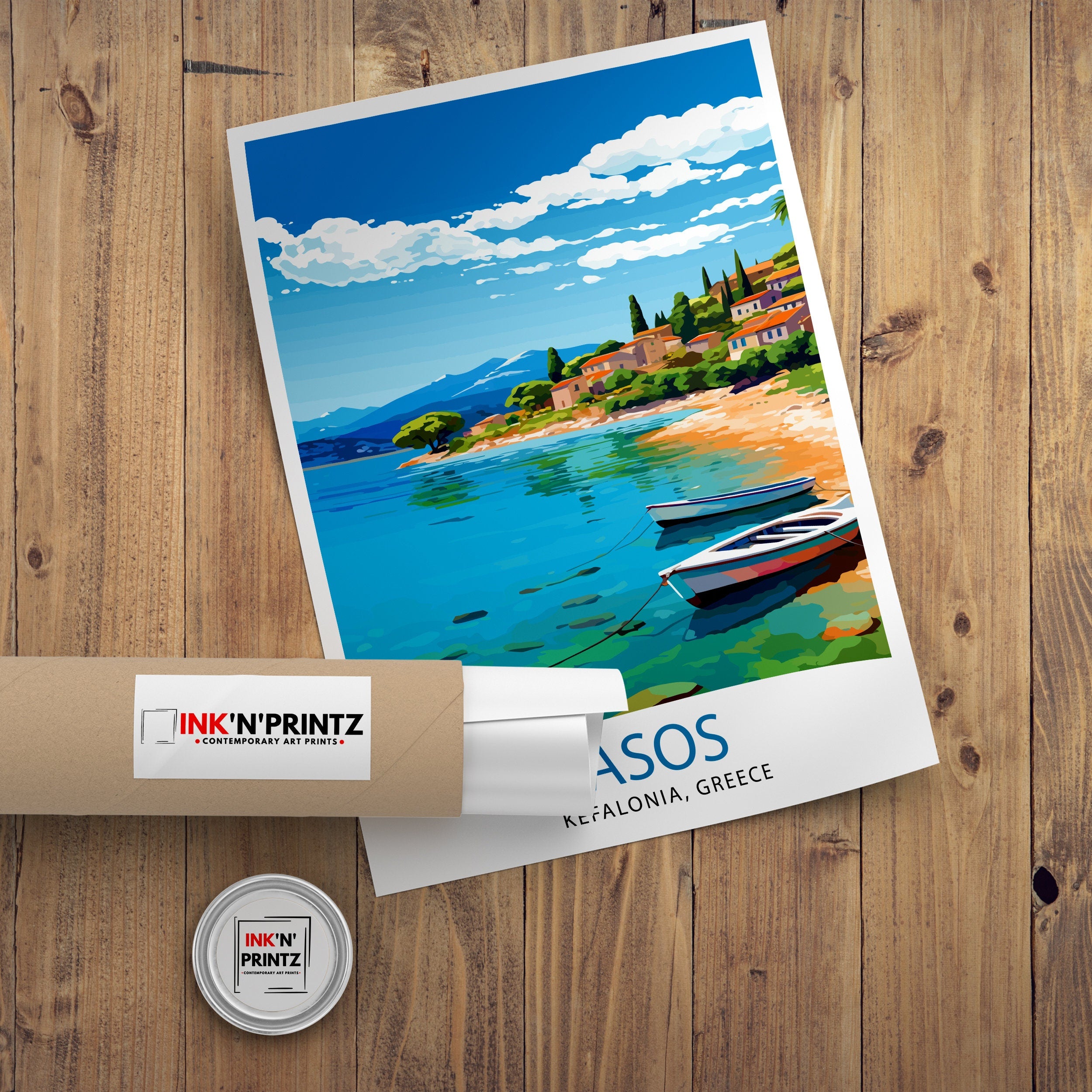 Asos Kefalonia Greece Print Greek Village Art Ionian Island Poster Kefalonia Coastal View Wall Decor Mediterranean Seascape Illustration