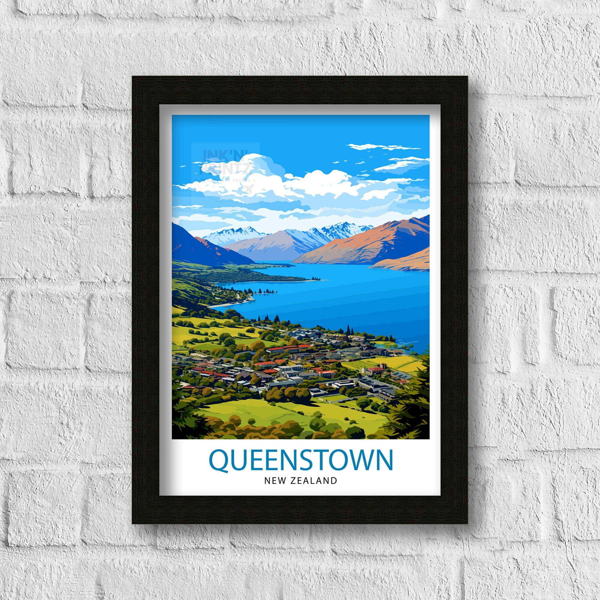 Queenstown New Zealand Print| Adventure Capital Poster Lake Wakatipu Wall Art Remarkables Mountain Decor Kiwi Travel Illustration Outdoor