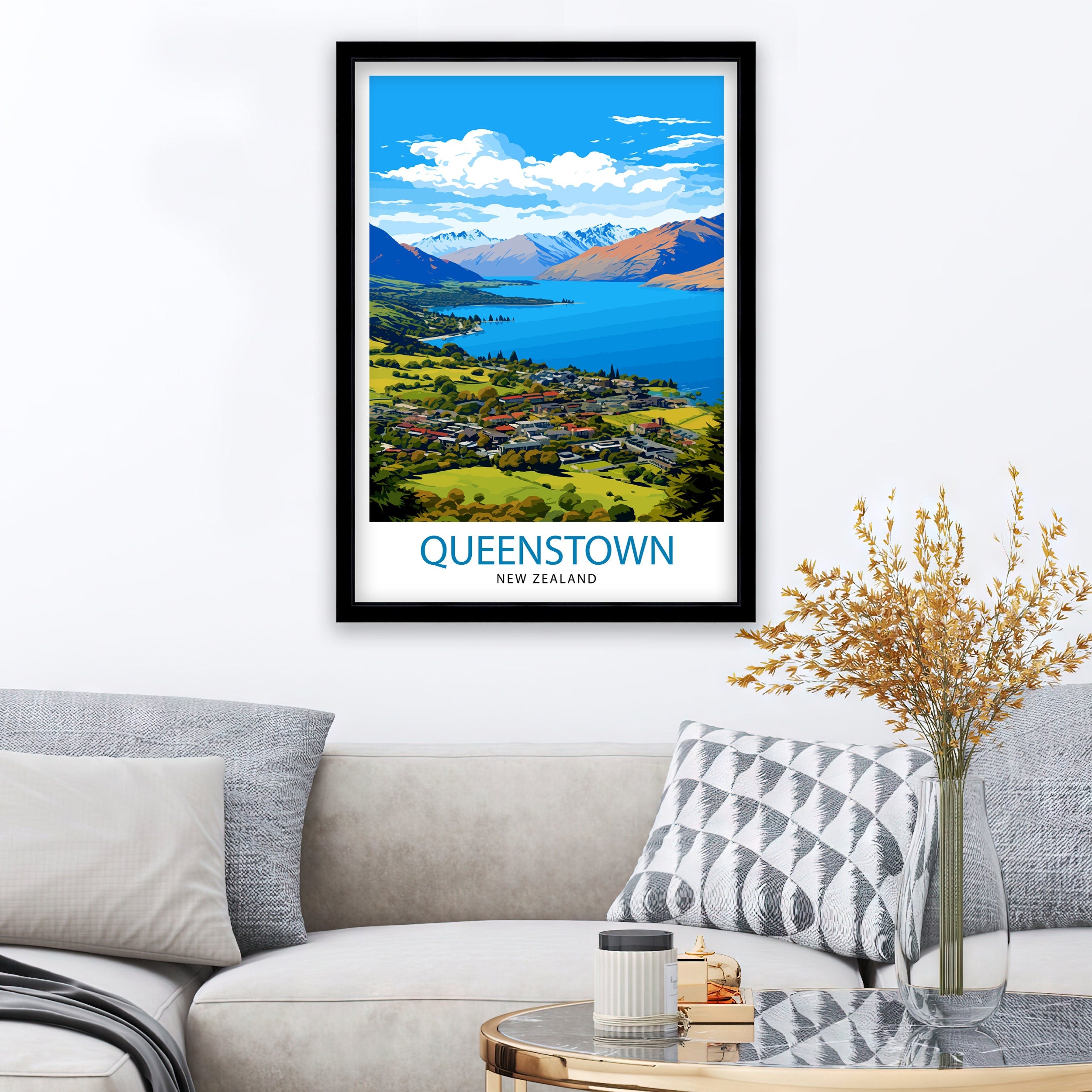 Queenstown New Zealand Print| Adventure Capital Poster Lake Wakatipu Wall Art Remarkables Mountain Decor Kiwi Travel Illustration Outdoor
