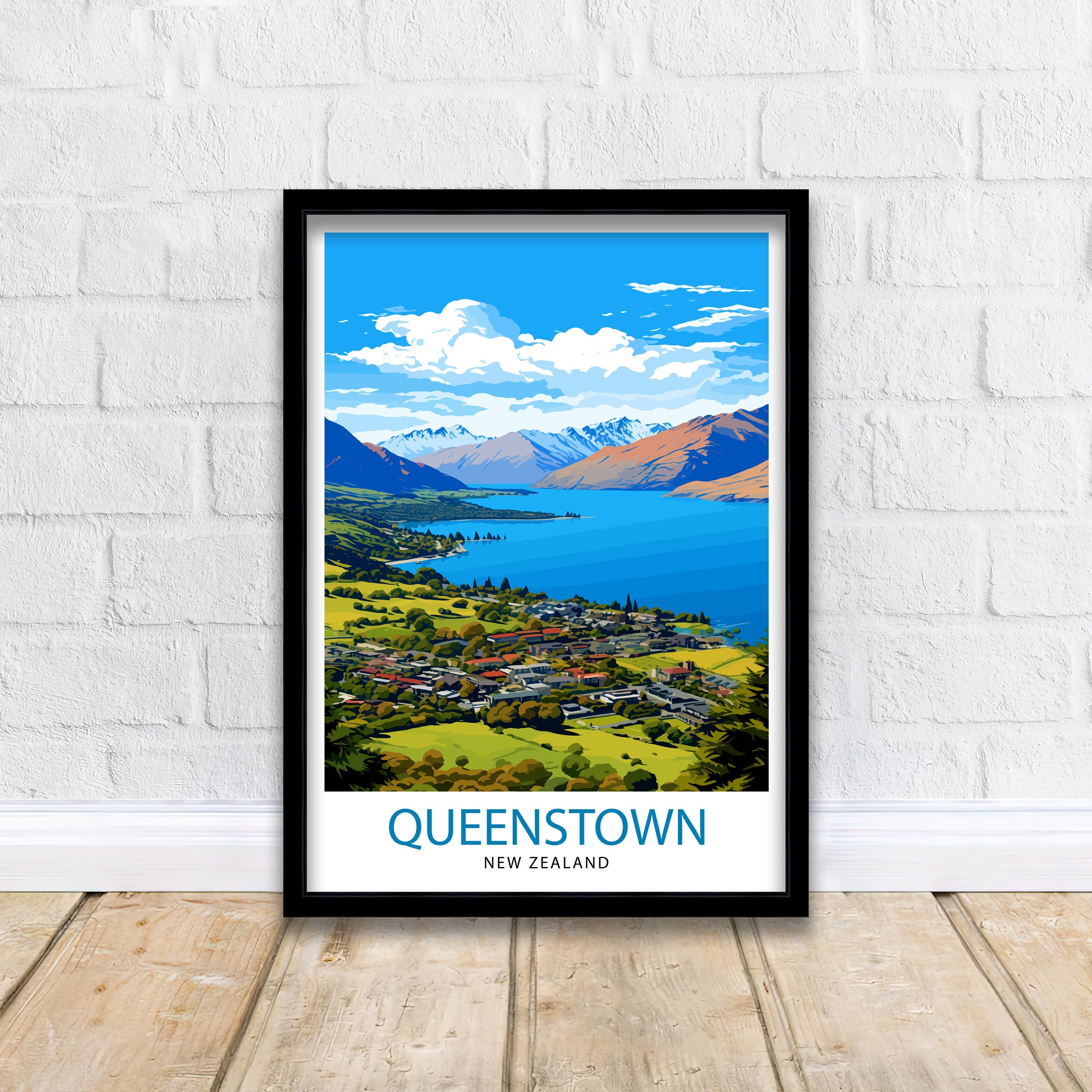 Queenstown New Zealand Print| Adventure Capital Poster Lake Wakatipu Wall Art Remarkables Mountain Decor Kiwi Travel Illustration Outdoor