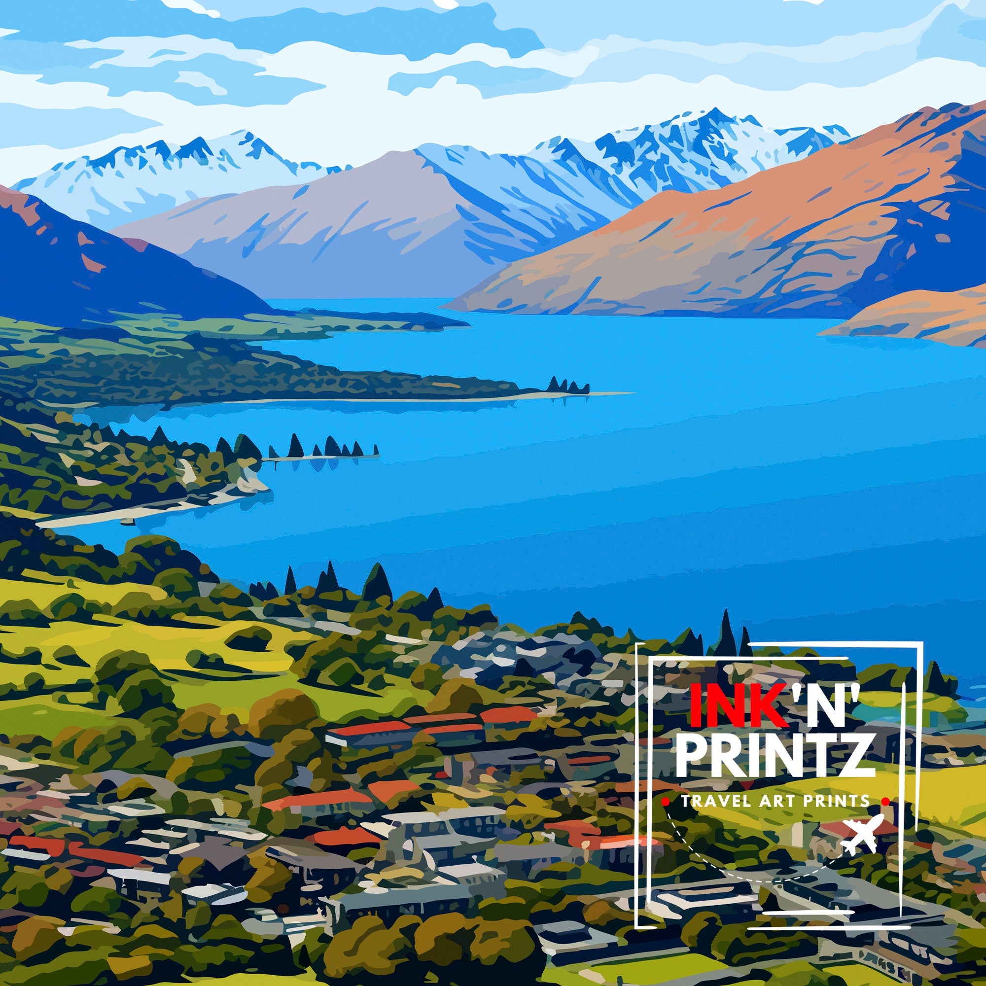 Queenstown New Zealand Print| Adventure Capital Poster Lake Wakatipu Wall Art Remarkables Mountain Decor Kiwi Travel Illustration Outdoor