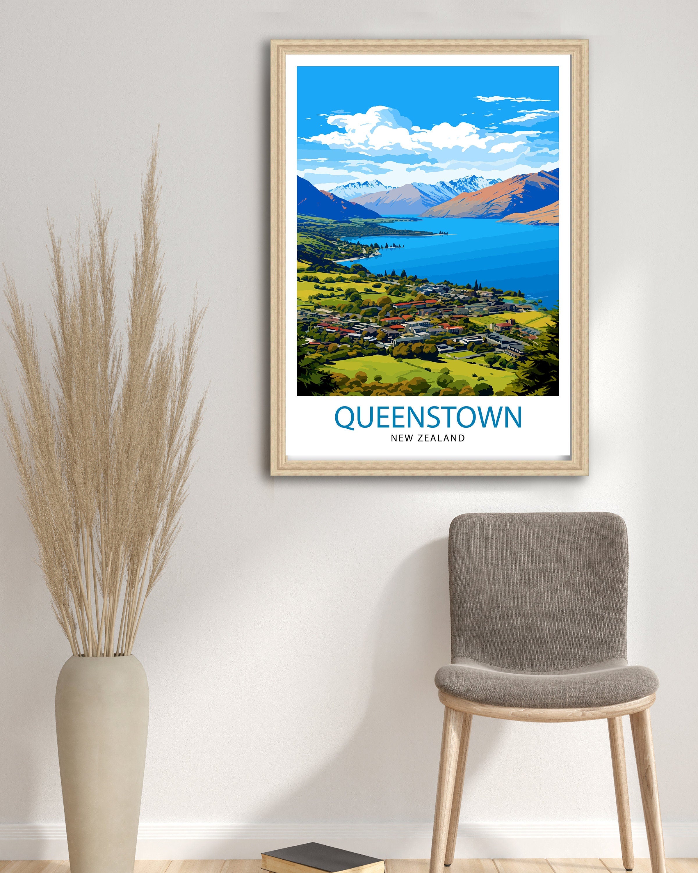 Queenstown New Zealand Print| Adventure Capital Poster Lake Wakatipu Wall Art Remarkables Mountain Decor Kiwi Travel Illustration Outdoor