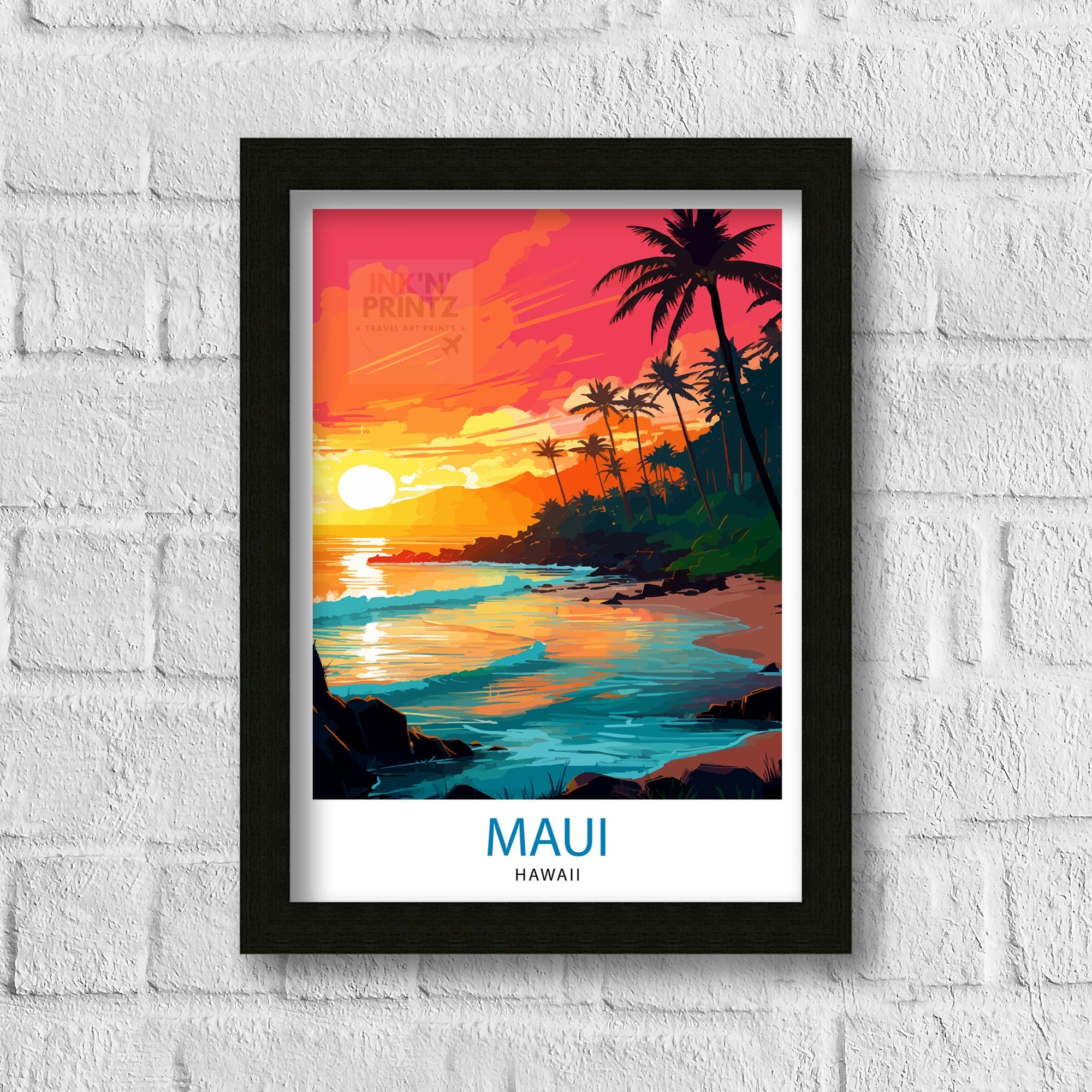 Maui Hawaii Print| Tropical Island Art Hawaiian Beach Poster Maui Landscape Wall Decor Hawaiian Paradise Illustration Aloha Spirit Artwork