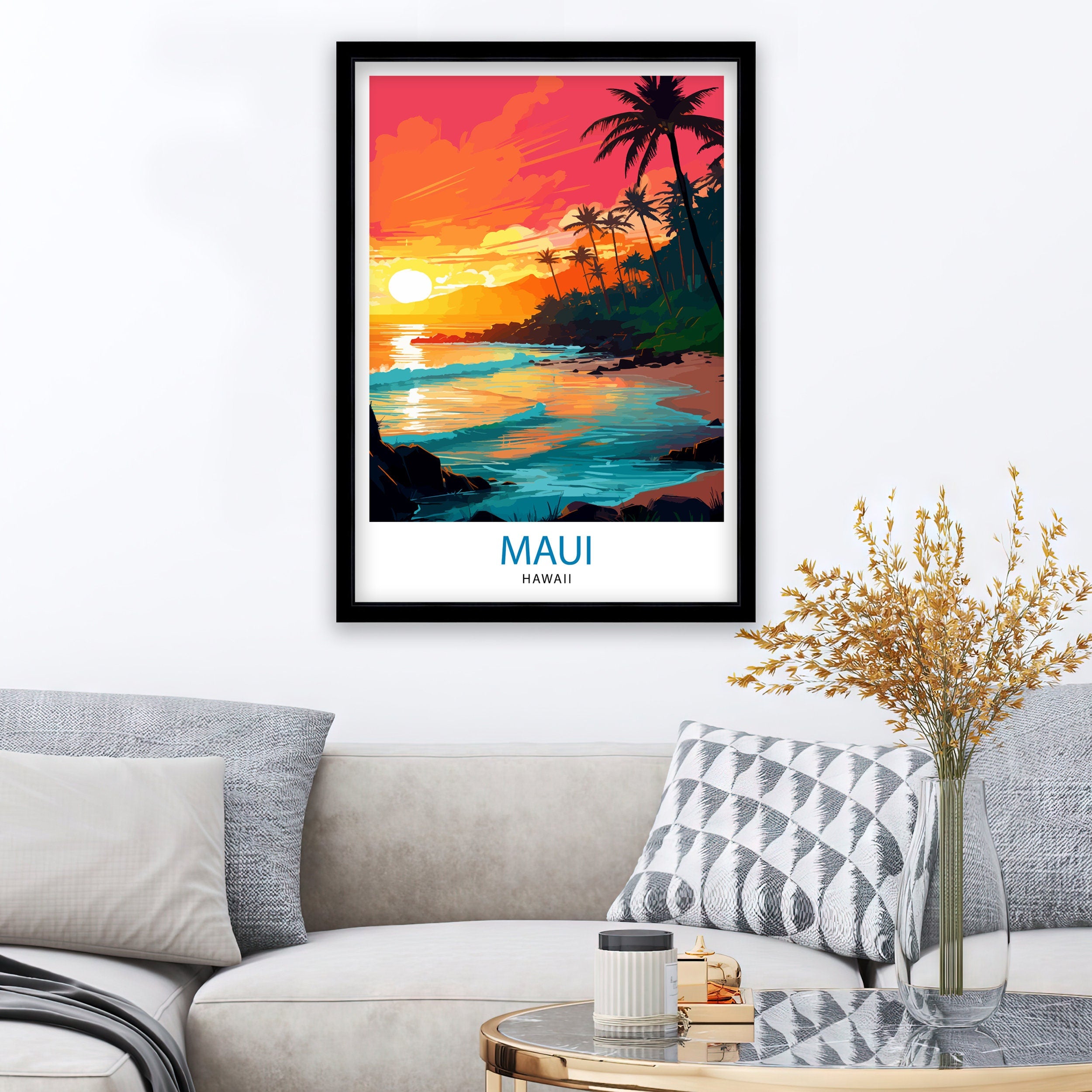 Maui Hawaii Print| Tropical Island Art Hawaiian Beach Poster Maui Landscape Wall Decor Hawaiian Paradise Illustration Aloha Spirit Artwork