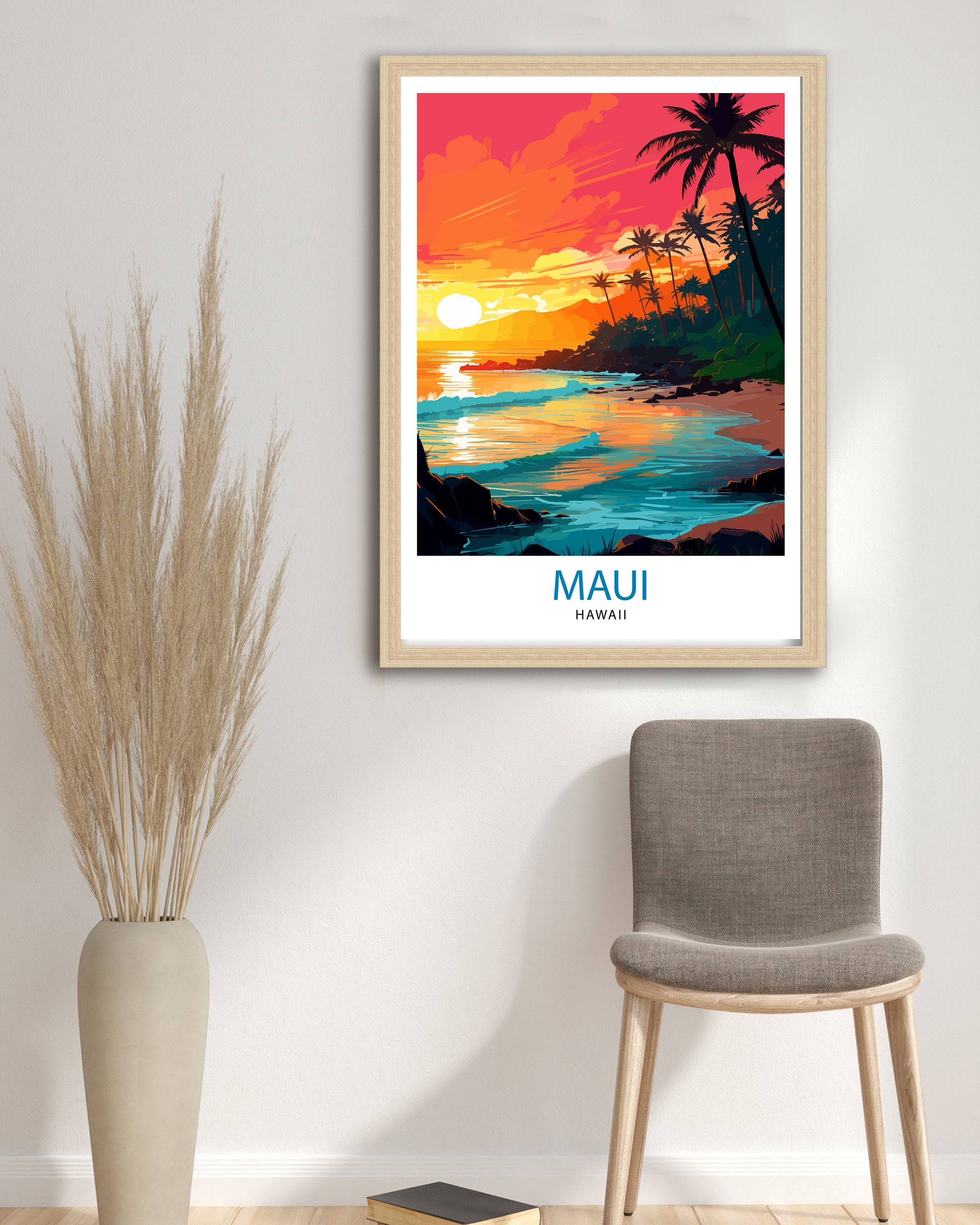 Maui Hawaii Print| Tropical Island Art Hawaiian Beach Poster Maui Landscape Wall Decor Hawaiian Paradise Illustration Aloha Spirit Artwork